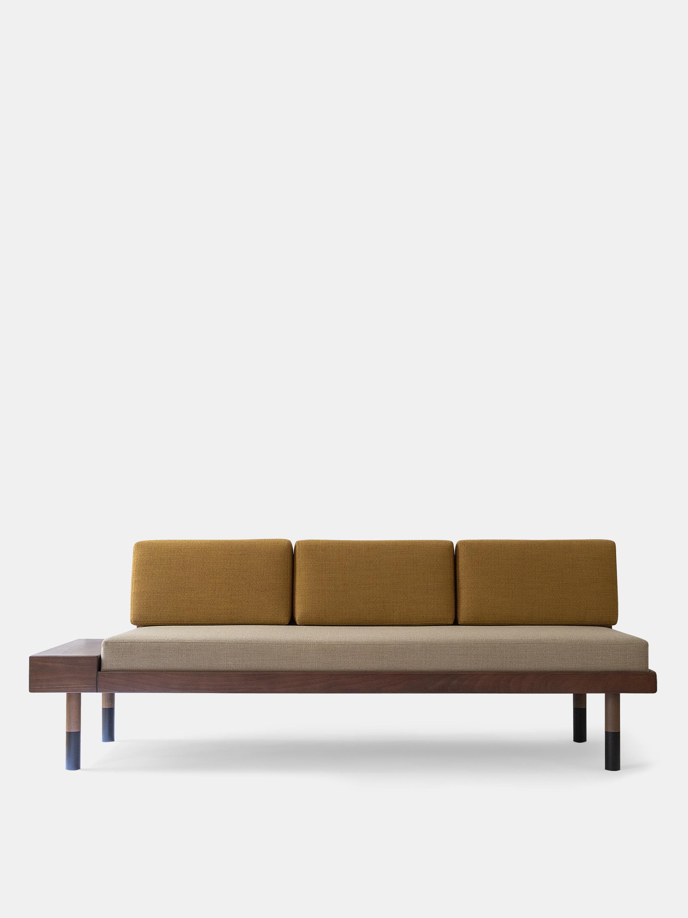 Beige and Ochre Mid Sofa by Kann Design
Dimensions: D 70 x W 200 x H 74 cm.
Materials: Solid wood, steel, wood veneer, HR foam, fabric upholstery - seating: Kvadrat Foss 232 - back: Kvadrat Foss 472 (76% wool, 11% viscose, 8% nylon, 5%