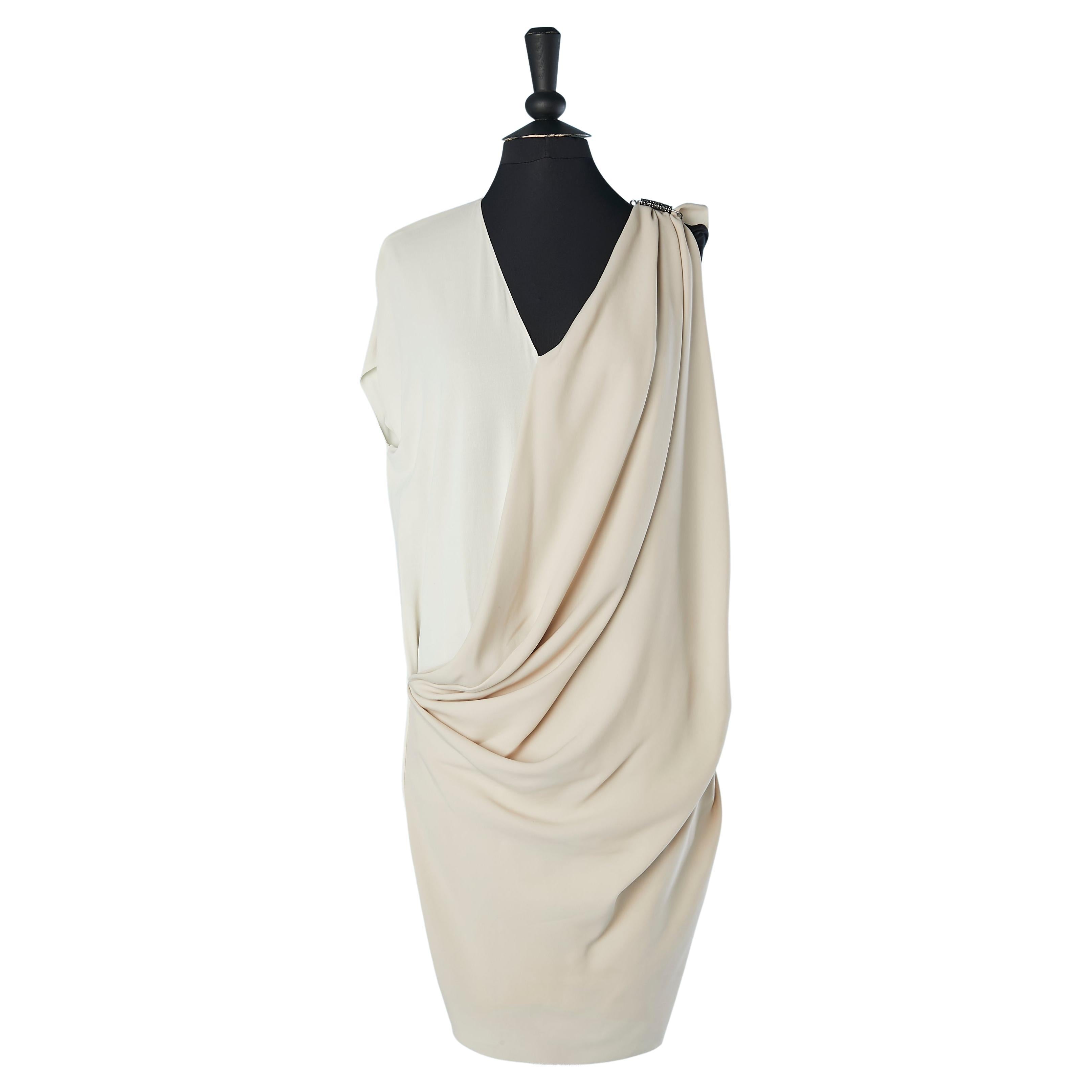 Beige and off-white jersey drape cocktail dress with jewelry safety pin Lanvin 