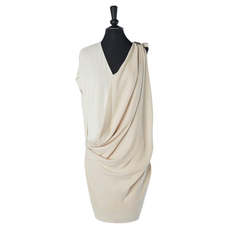 Beige and off-white jersey drape cocktail dress with jewelry safety pin  Lanvin at 1stDibs | lanvin white dress