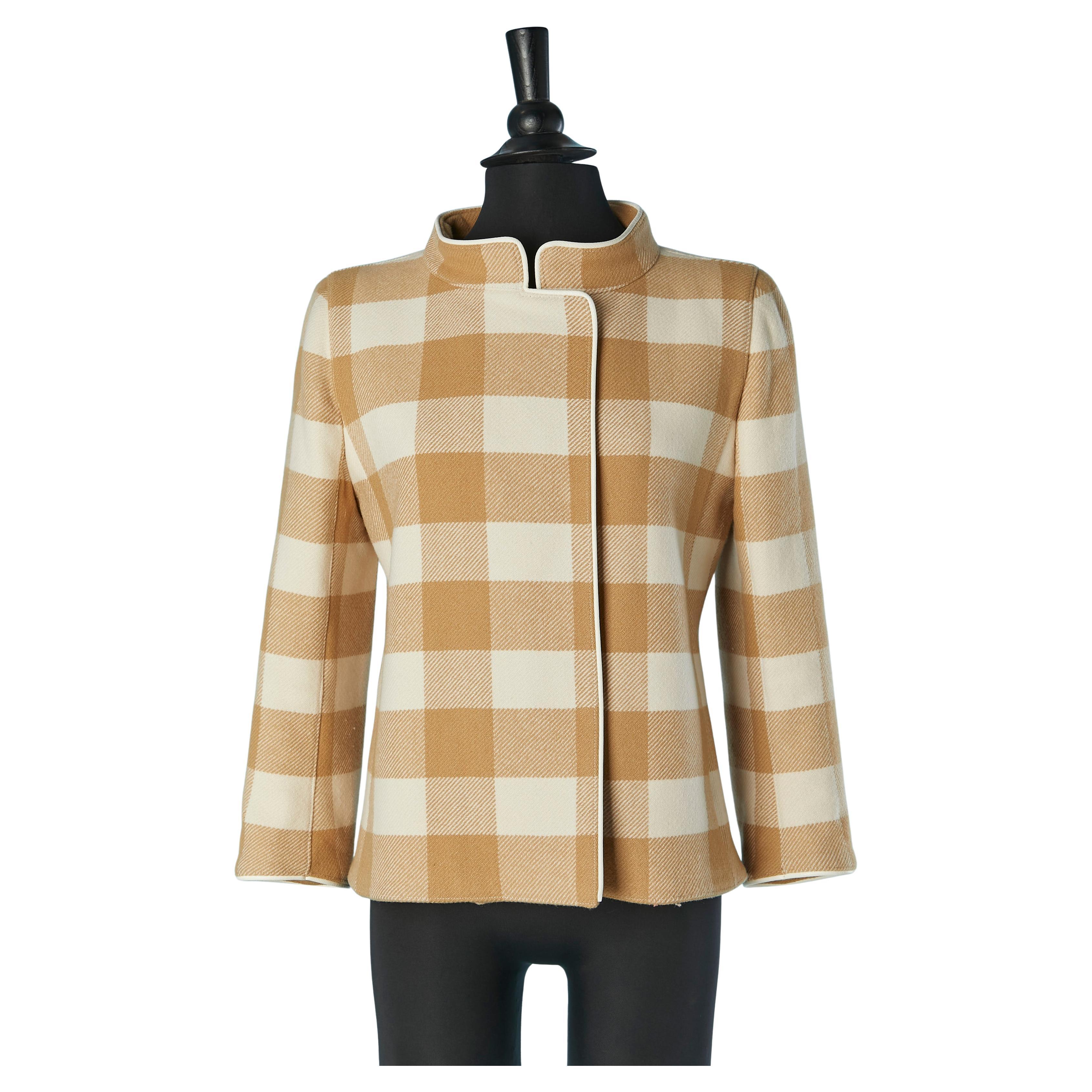 Beige and off-white wool double breasted jacket with check pattern COURRÈGES For Sale
