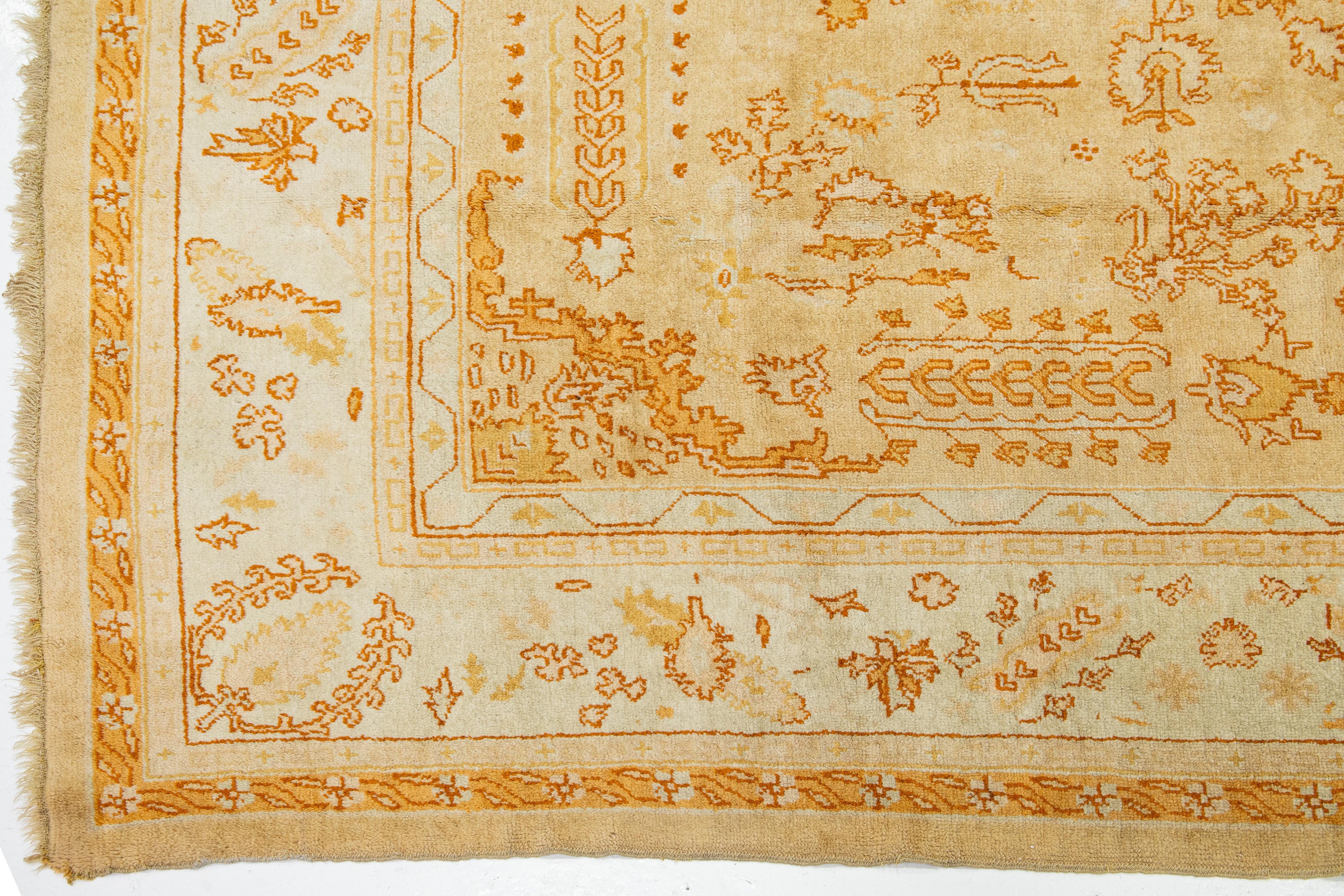 Beige and Orange 1880s Turkish Oushak Wool Rug Handmade With Allover Motif For Sale 1