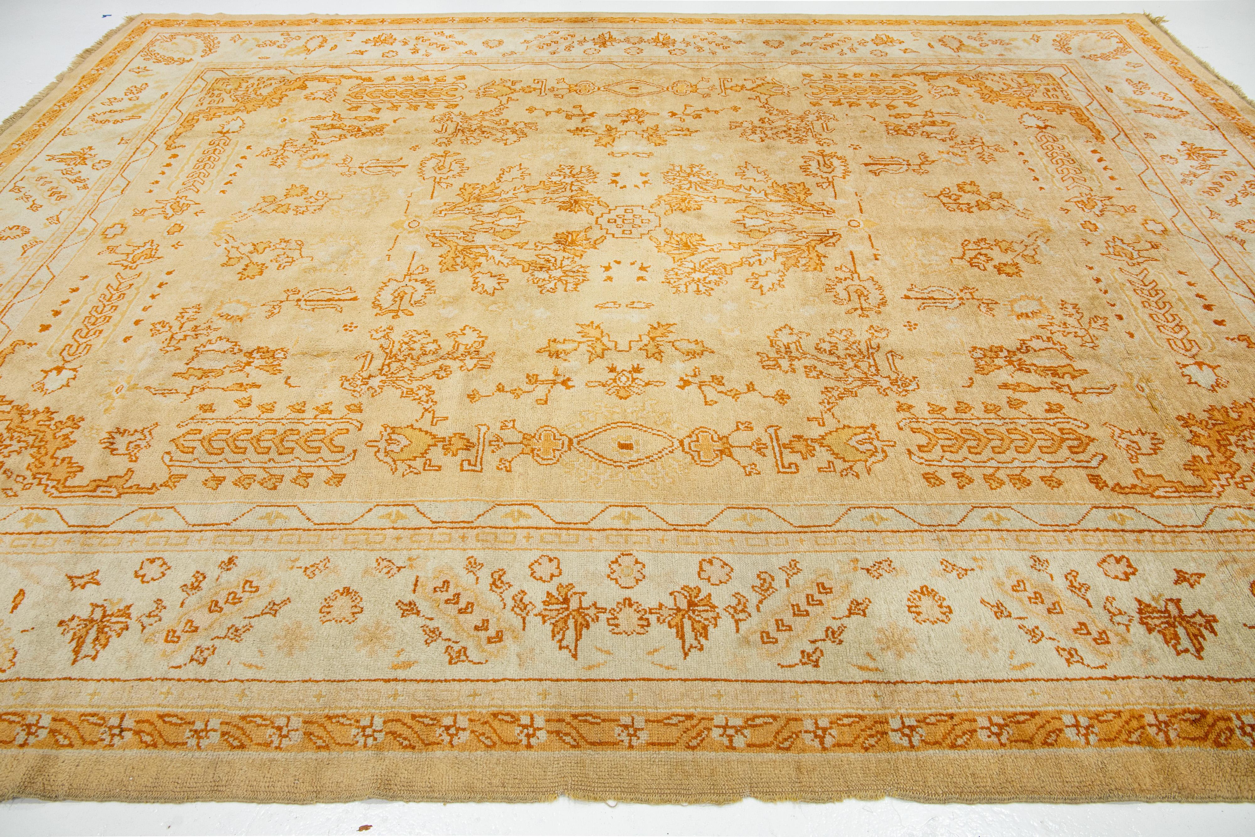 Beige and Orange 1880s Turkish Oushak Wool Rug Handmade With Allover Motif For Sale 2