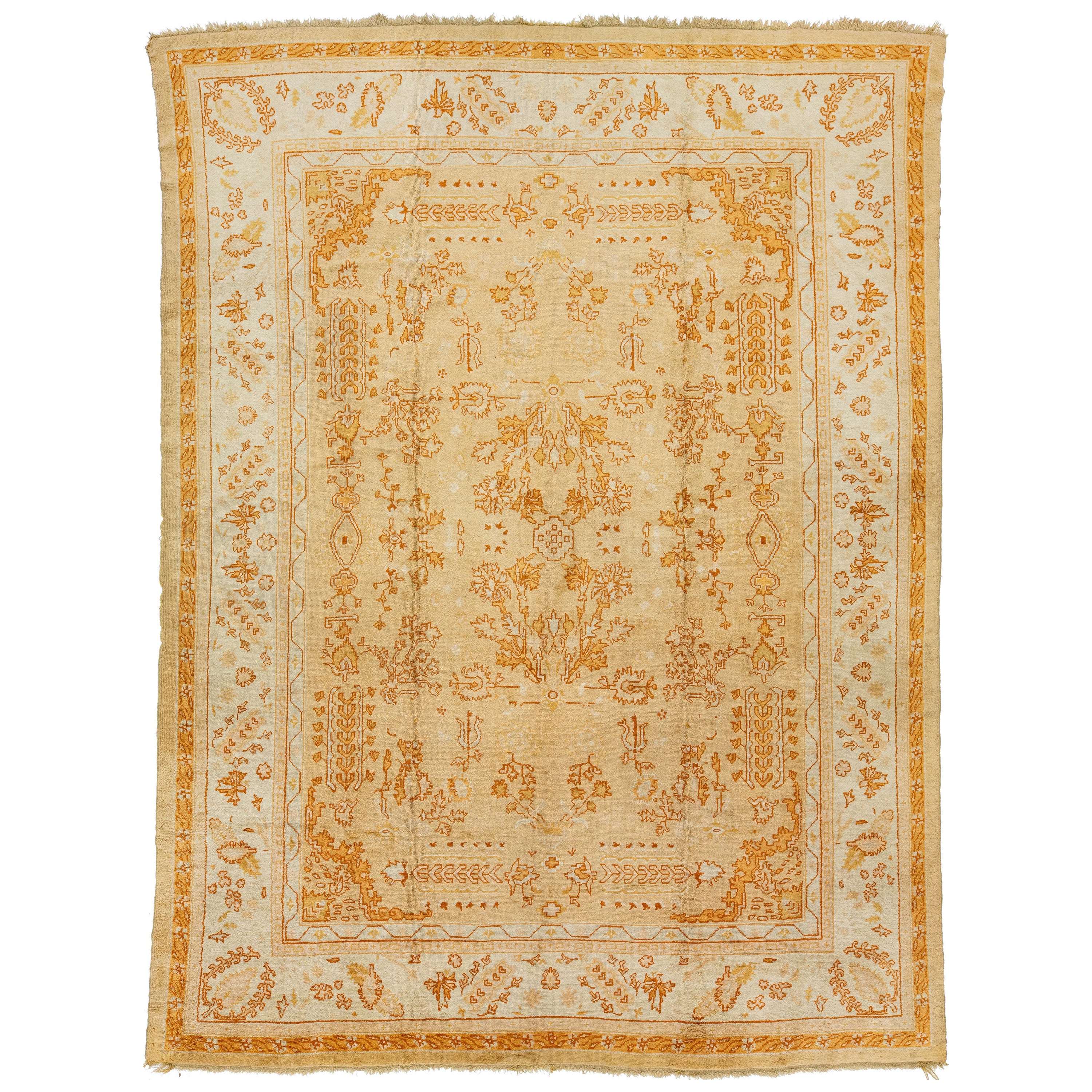Tappeto di lana Oushak turco del 1880, beige e arancione, fatto a mano con motivo a trifoglio