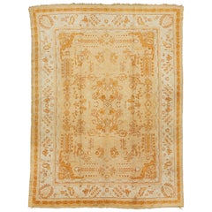 Tappeto di lana Oushak turco del 1880, beige e arancione, fatto a mano con motivo a trifoglio