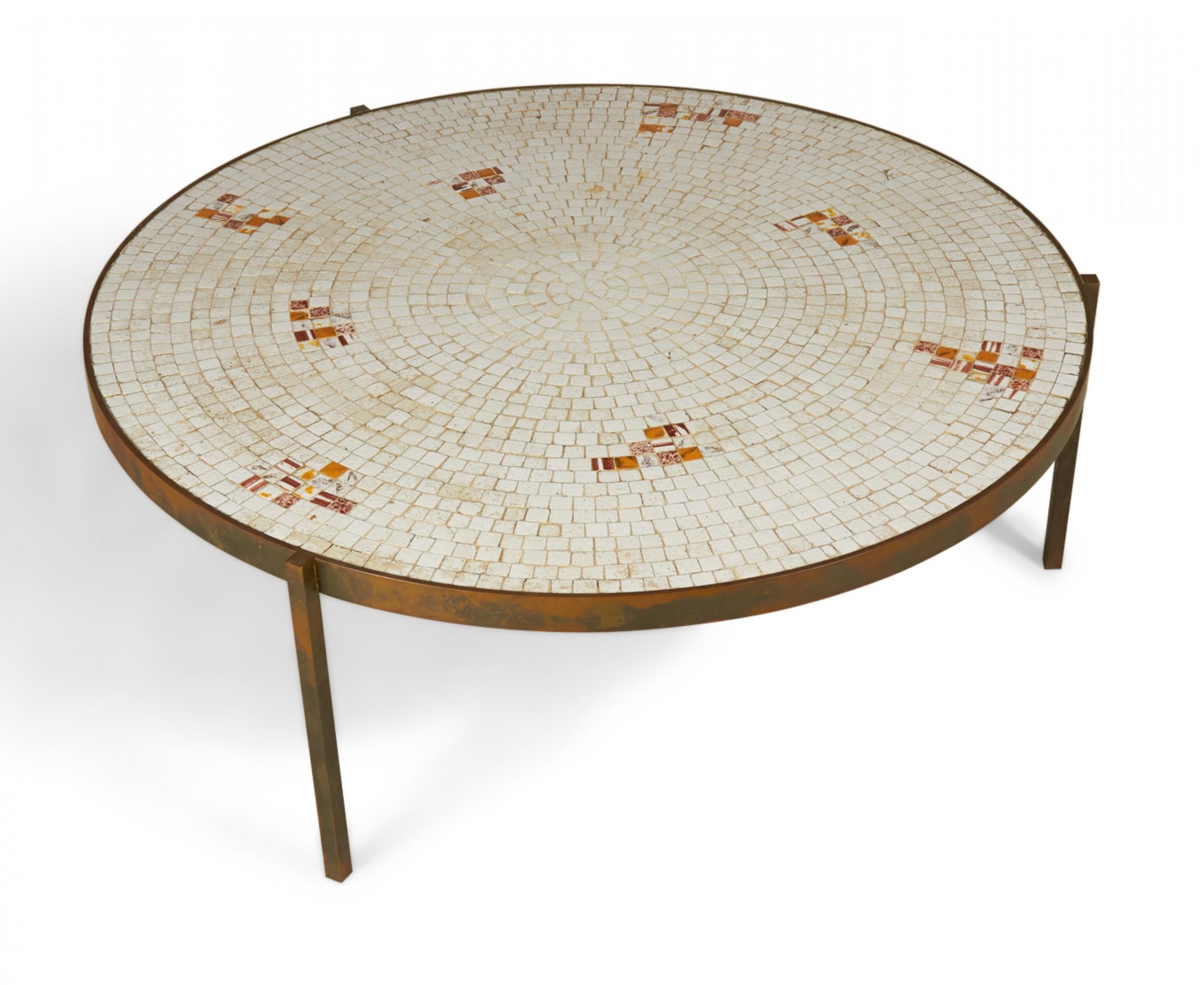Mid-Century Modern Beige and Orange Mosaic Tile Top Circular Coffee Table For Sale