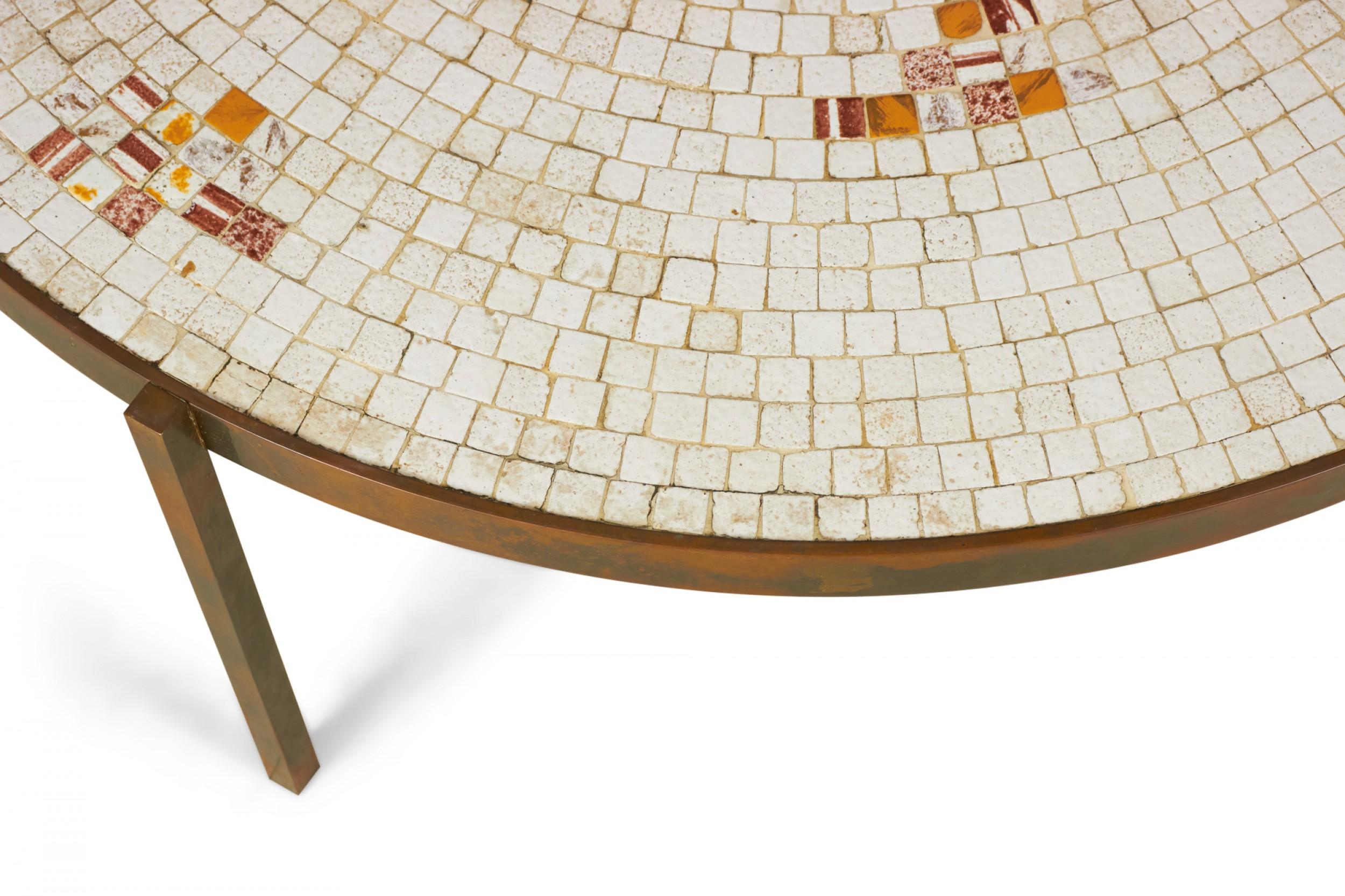 American Beige and Orange Mosaic Tile Top Circular Coffee Table For Sale
