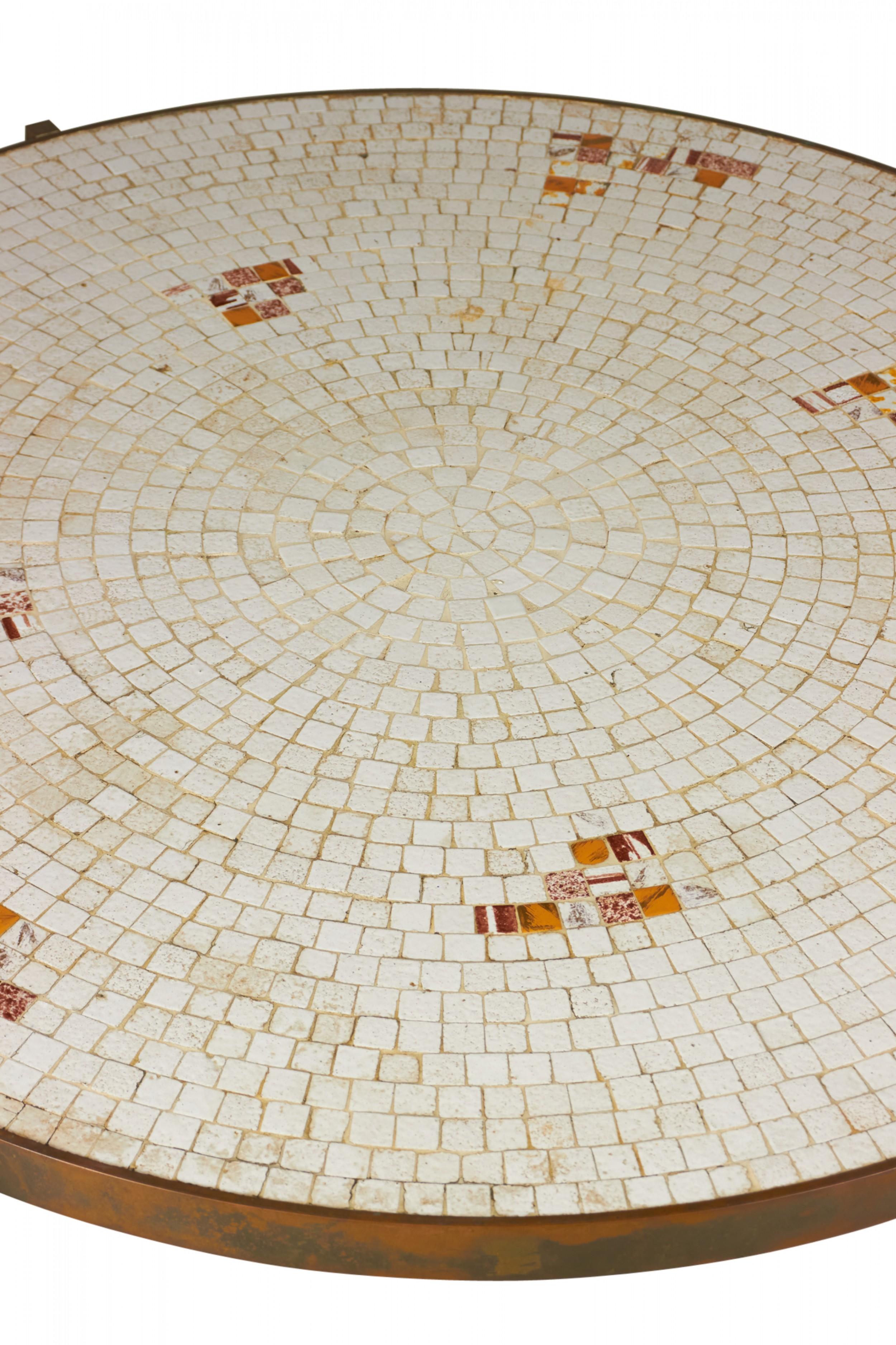 Beige and Orange Mosaic Tile Top Circular Coffee Table In Good Condition For Sale In New York, NY