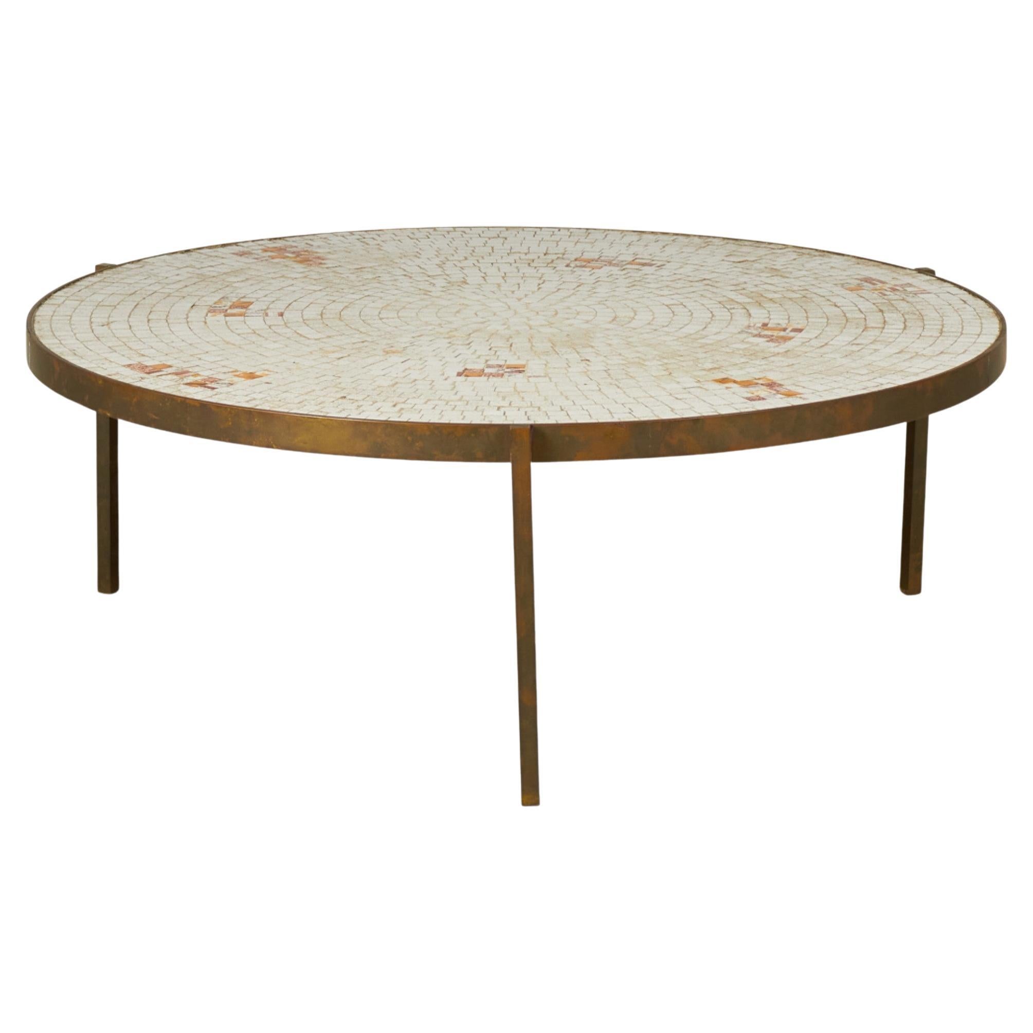 Beige and Orange Mosaic Tile Top Circular Coffee Table For Sale