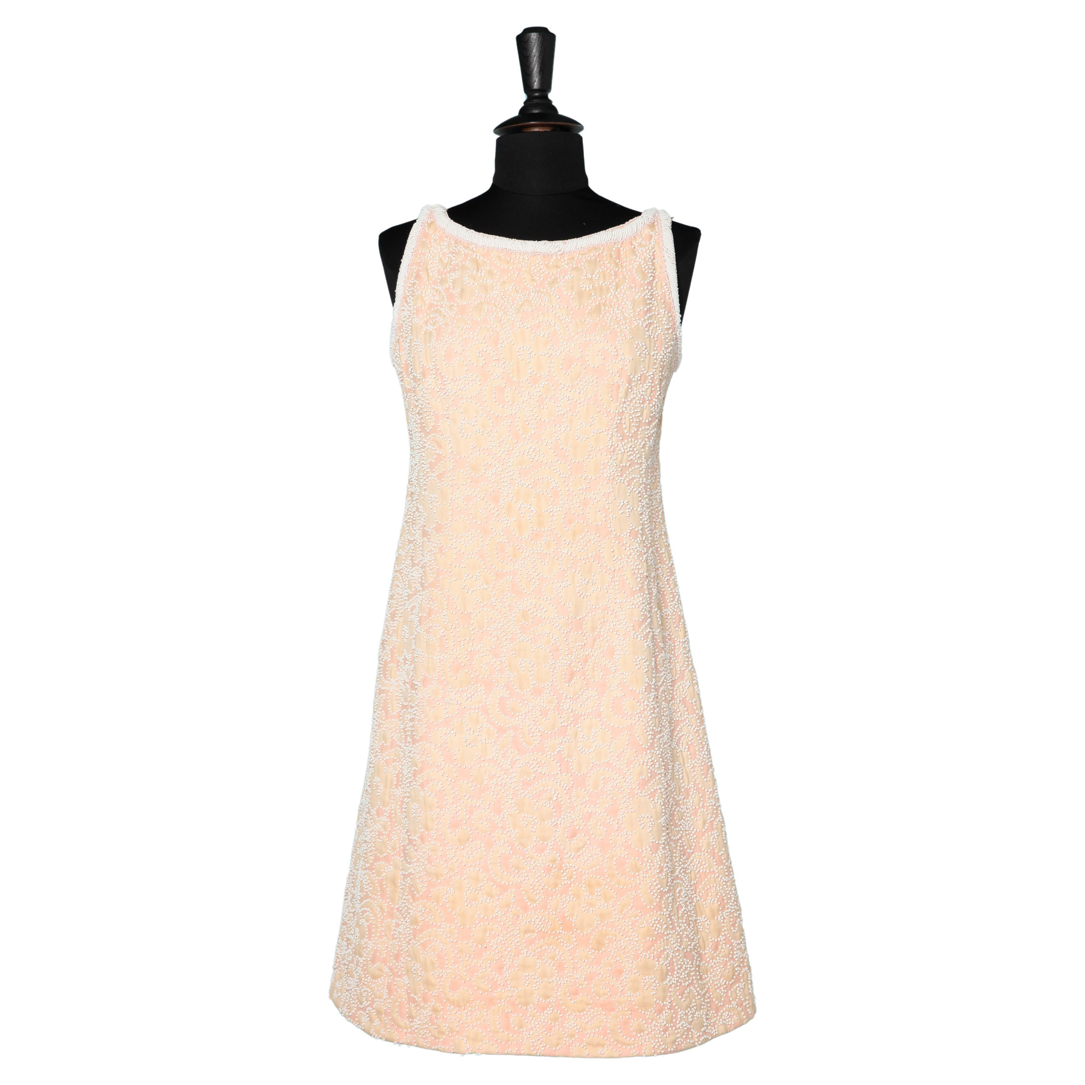 Beige and pale pink beaded cocktail dress Bergdorf Goodman On the Plaza 1967 For Sale