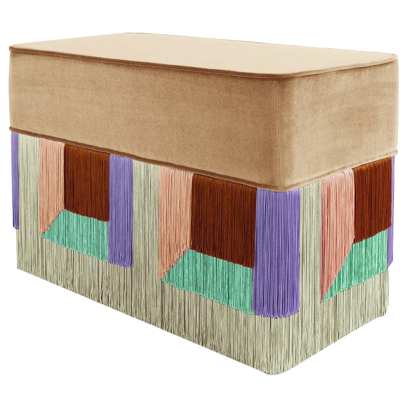 Beige and Purple Couture Geometric Flo Rectangular Pouf For Sale