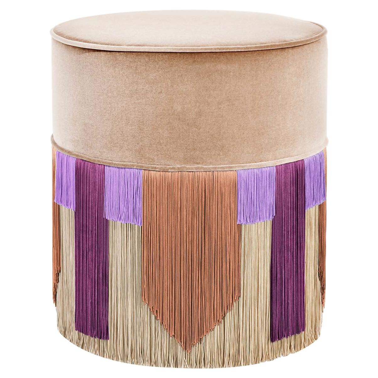 Beige and Purple Couture Geometric Tie Pouf For Sale