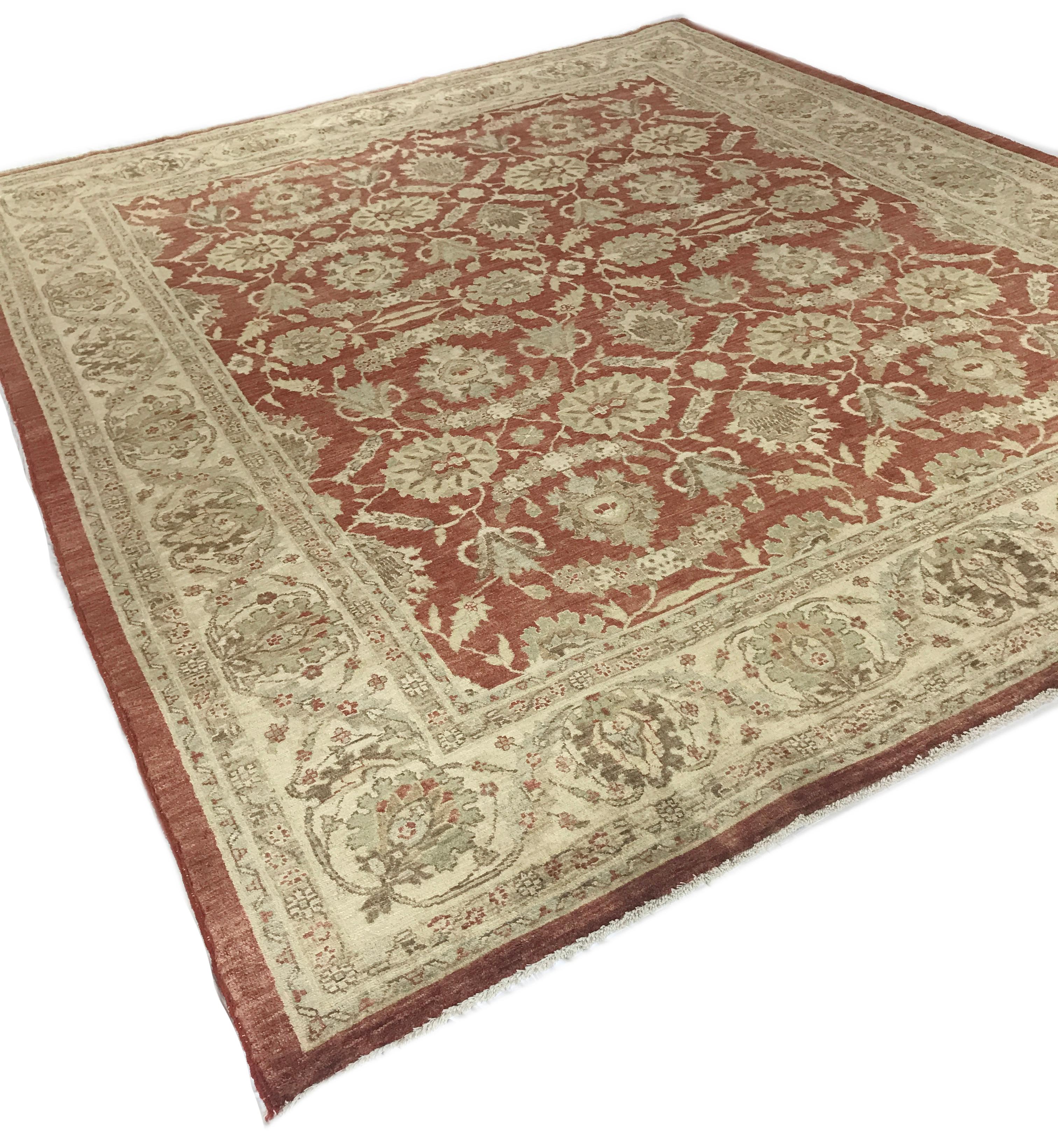 Pakistani Beige and Red Traditional Style Wool Area Rug For Sale