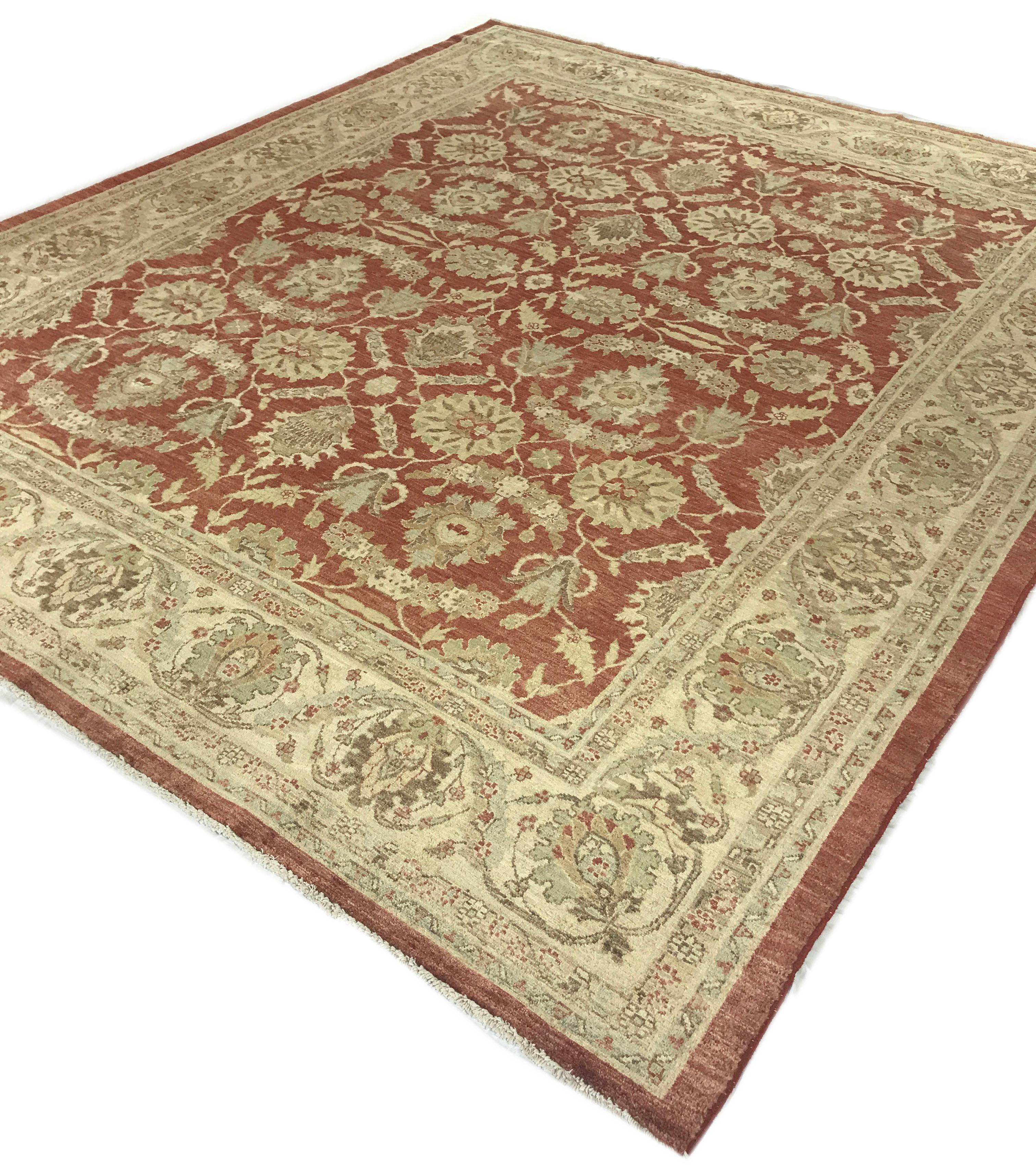 Hand-Knotted Beige and Red Traditional Style Wool Area Rug For Sale
