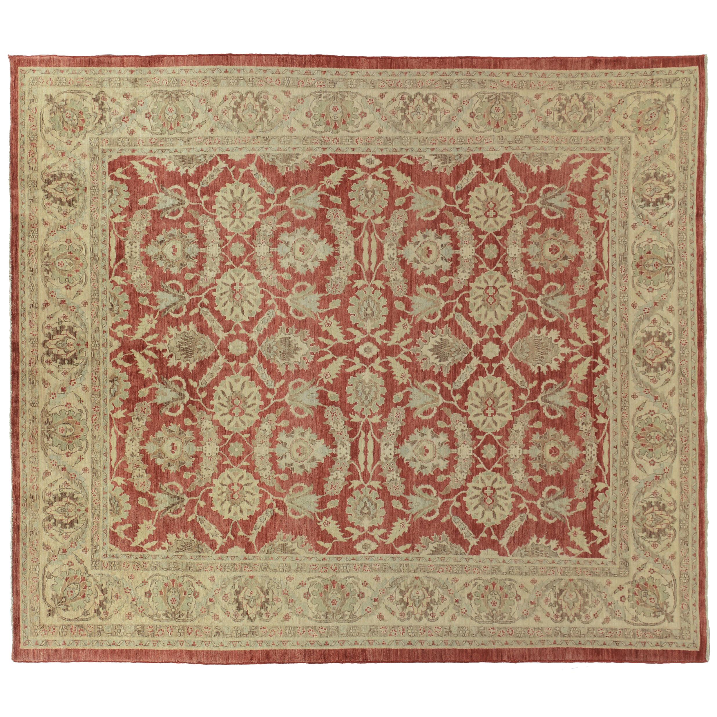 Beige and Red Traditional Style Wool Area Rug For Sale