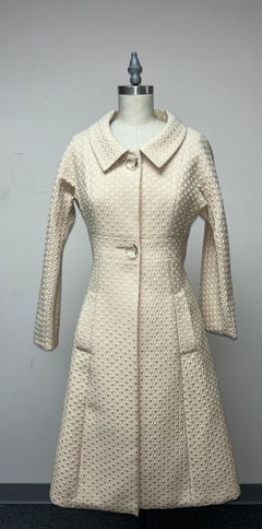 Textured Fitted Vintage Coat with Clear Buttons in Beige and Silver Brocade