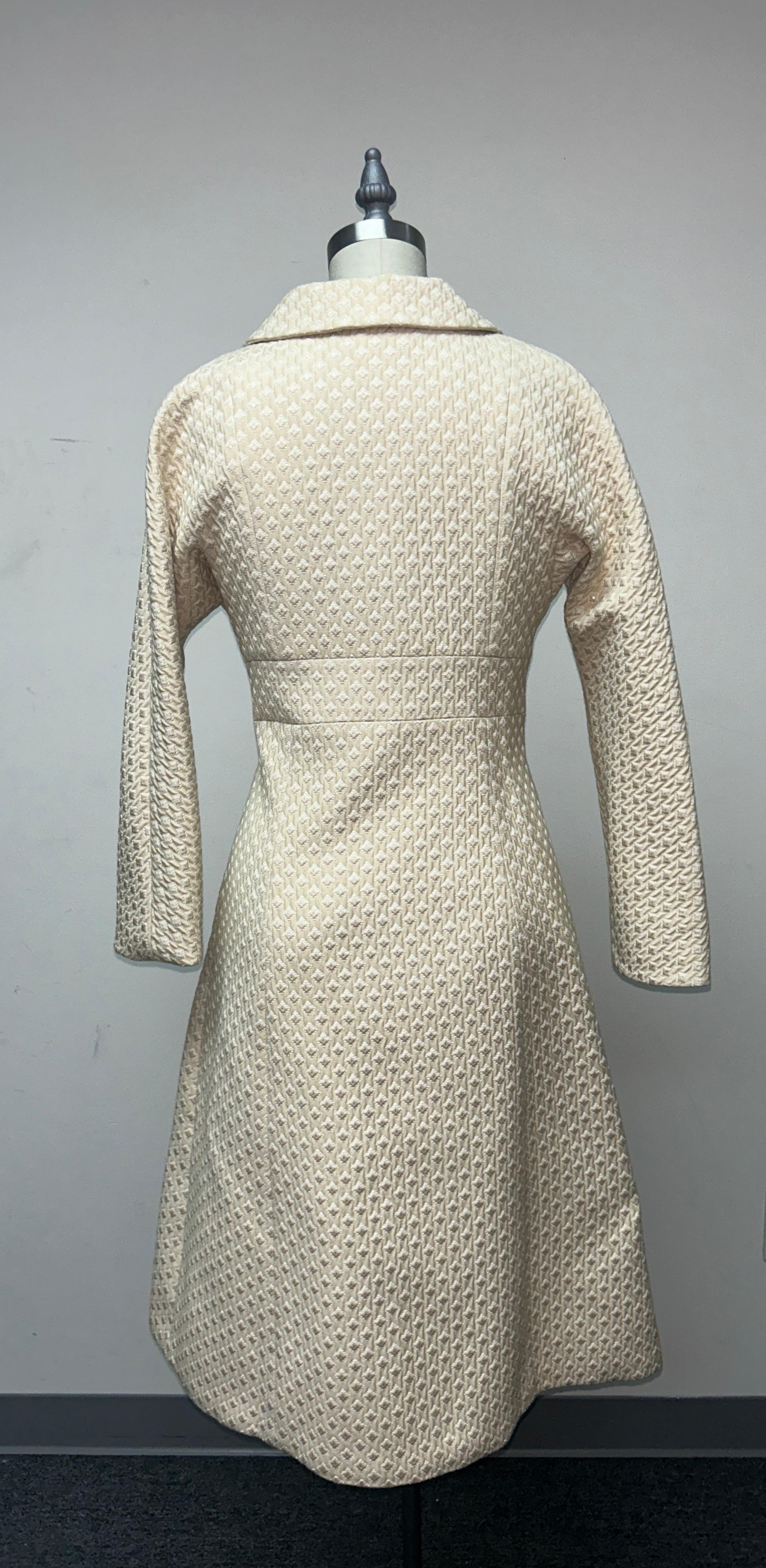 Women's Textured Fitted Coat with Clear Vintage Buttons in Beige and Silver Brocade For Sale