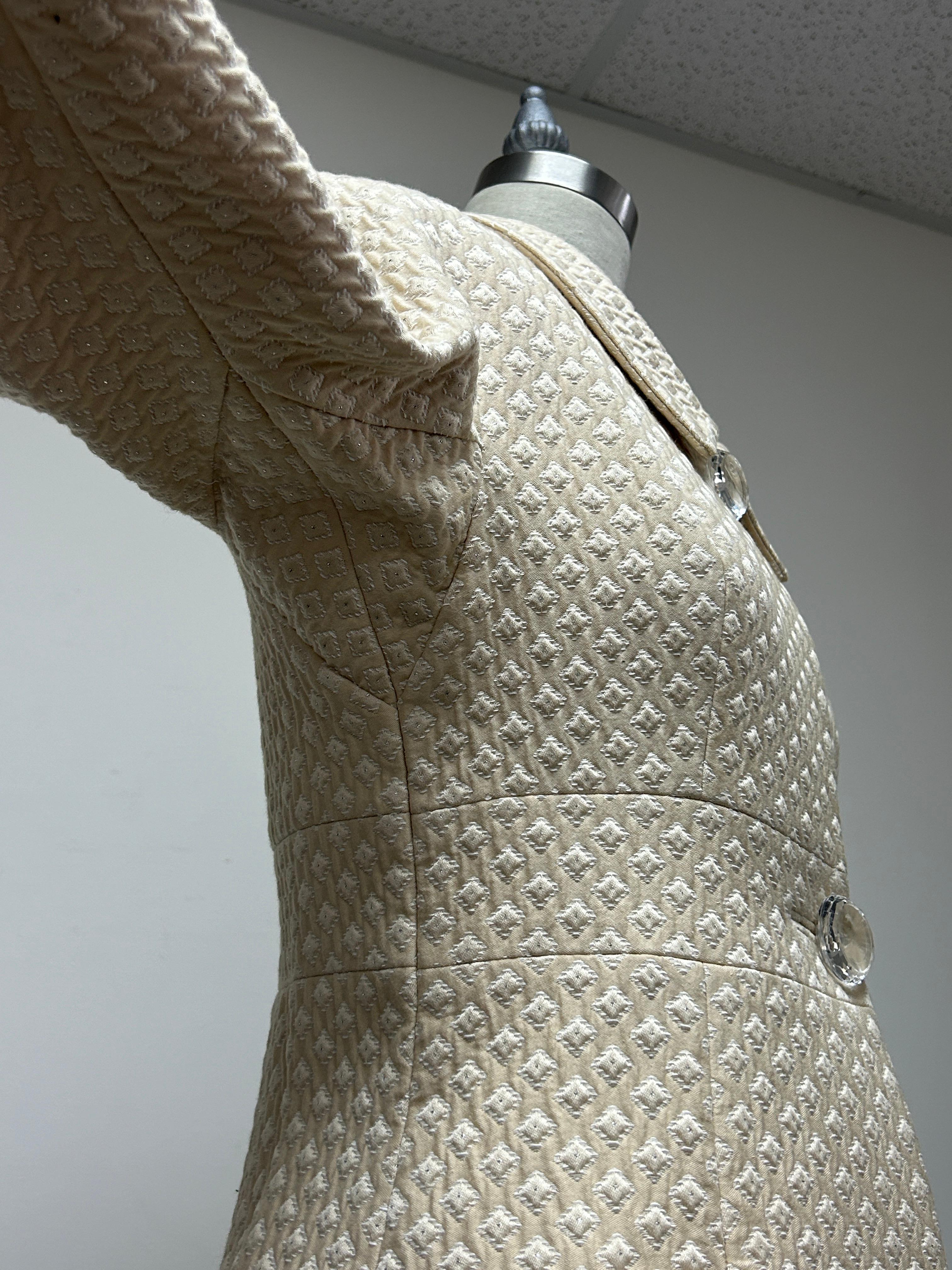 Textured Fitted Coat with Clear Vintage Buttons in Beige and Silver Brocade For Sale 2