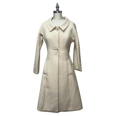 Textured Fitted Coat with Clear Vintage Buttons in Beige and Silver Brocade