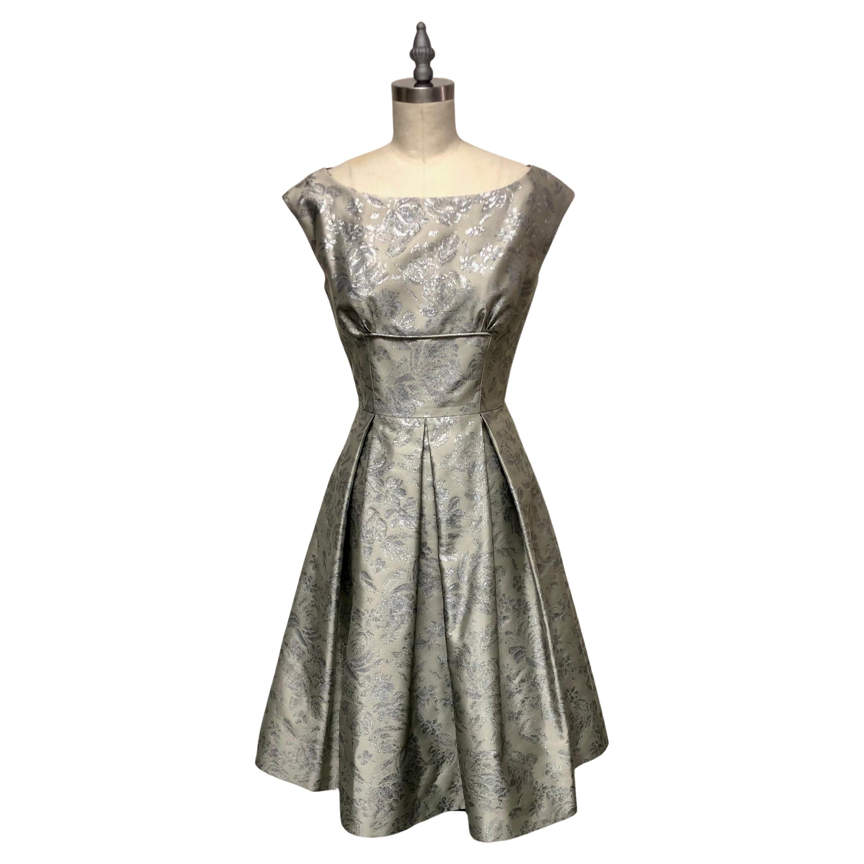 Beige and Silver French Brocade Fit and Flare Box Pleated Dress For Sale