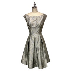 Beige and Silver French Brocade Fit and Flare Box Pleated Dress