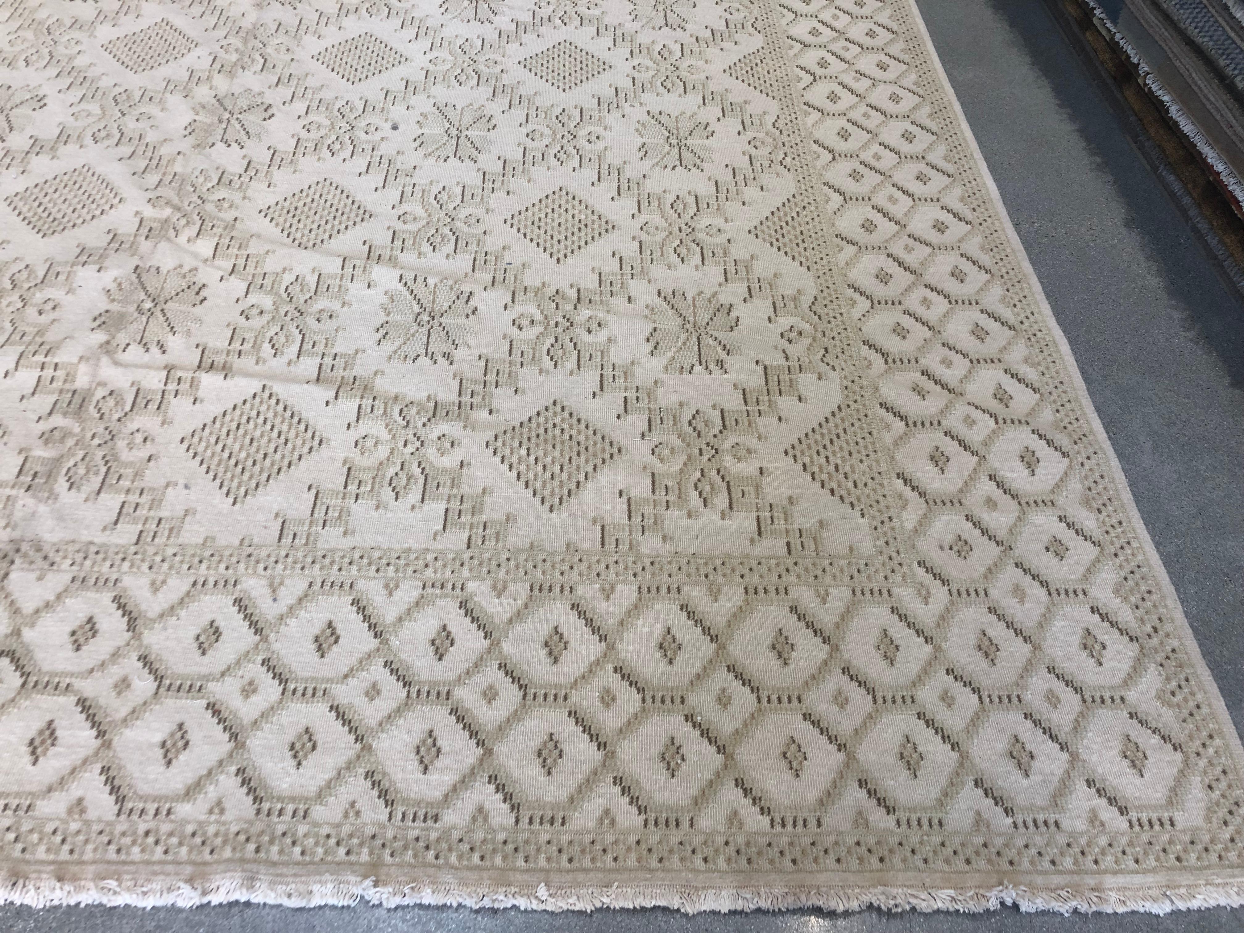 Hand-Knotted Beige and Tan Lacework Rug For Sale