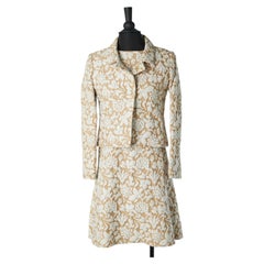 Beige and white damask cotton dress and jacket ensemble MISS SBF Circa 1960's