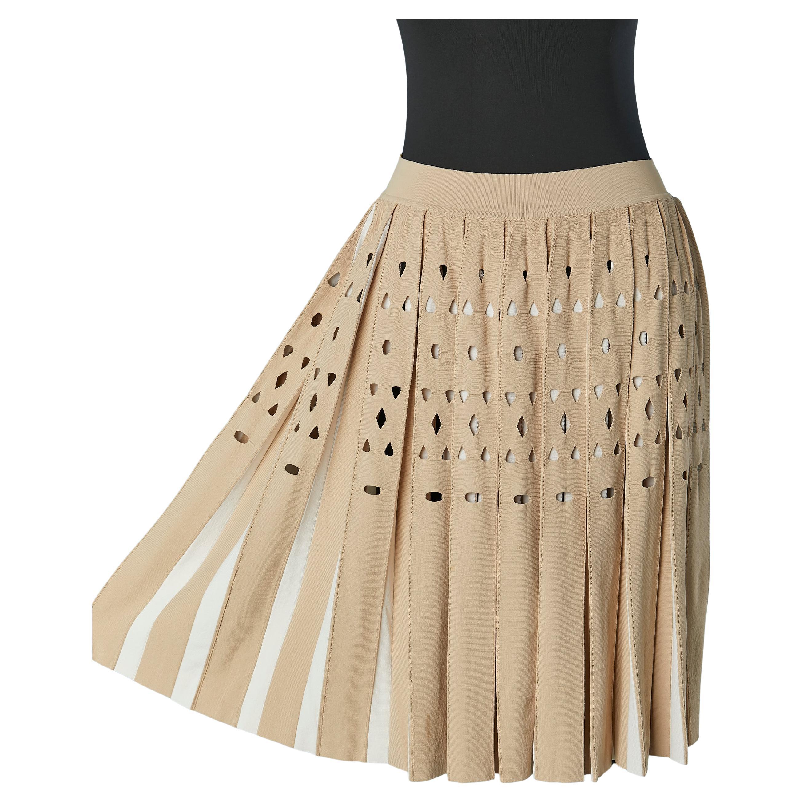 Falda plisada beige y blanca de punto de rayón con jacquard cortado ALAIA