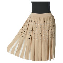 Beige and white pleated skirt in rayon jersey with cut-work Jacquard ALAIA