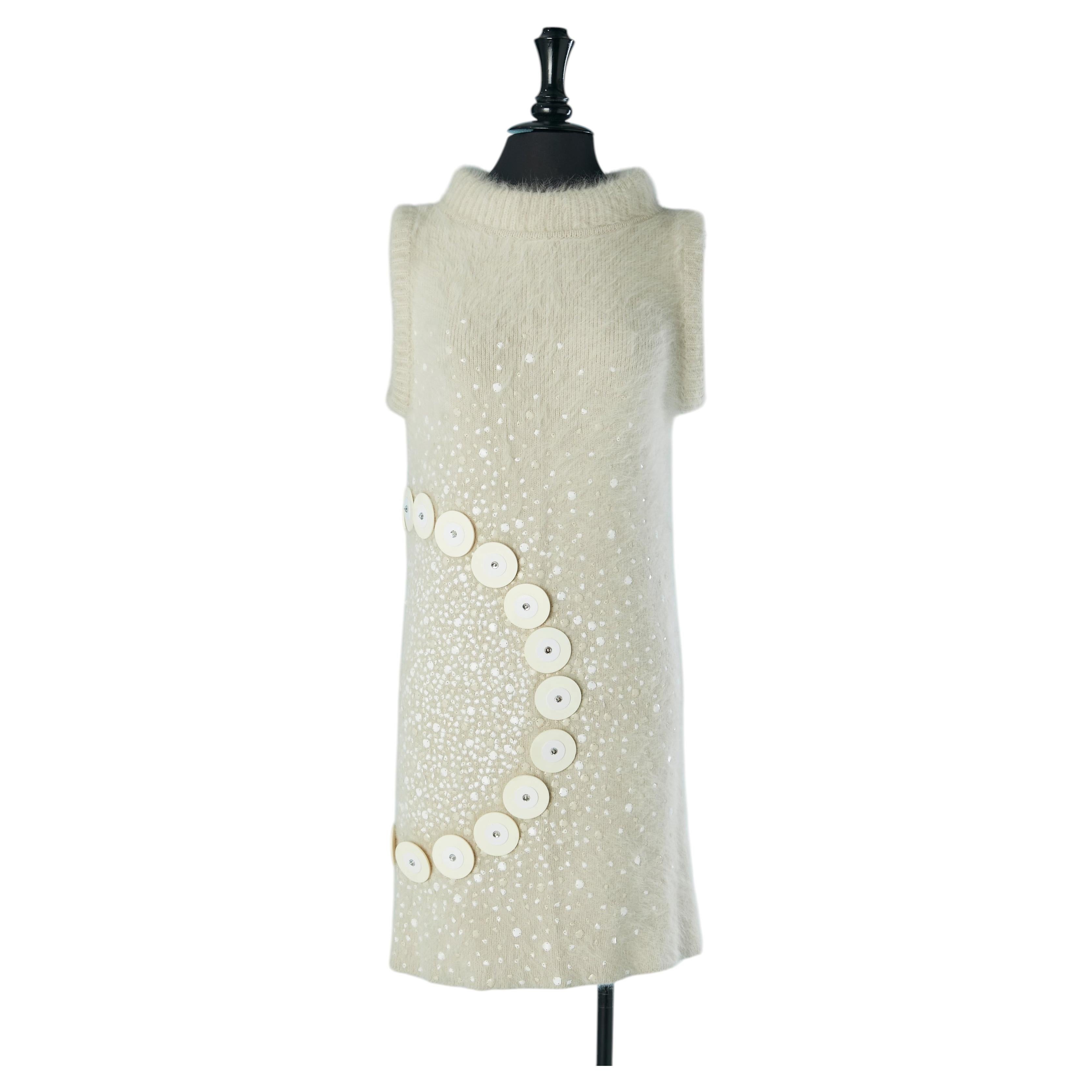 Beige angora sleeveless knit dress with sequin and rhinestone embellishment MALO For Sale