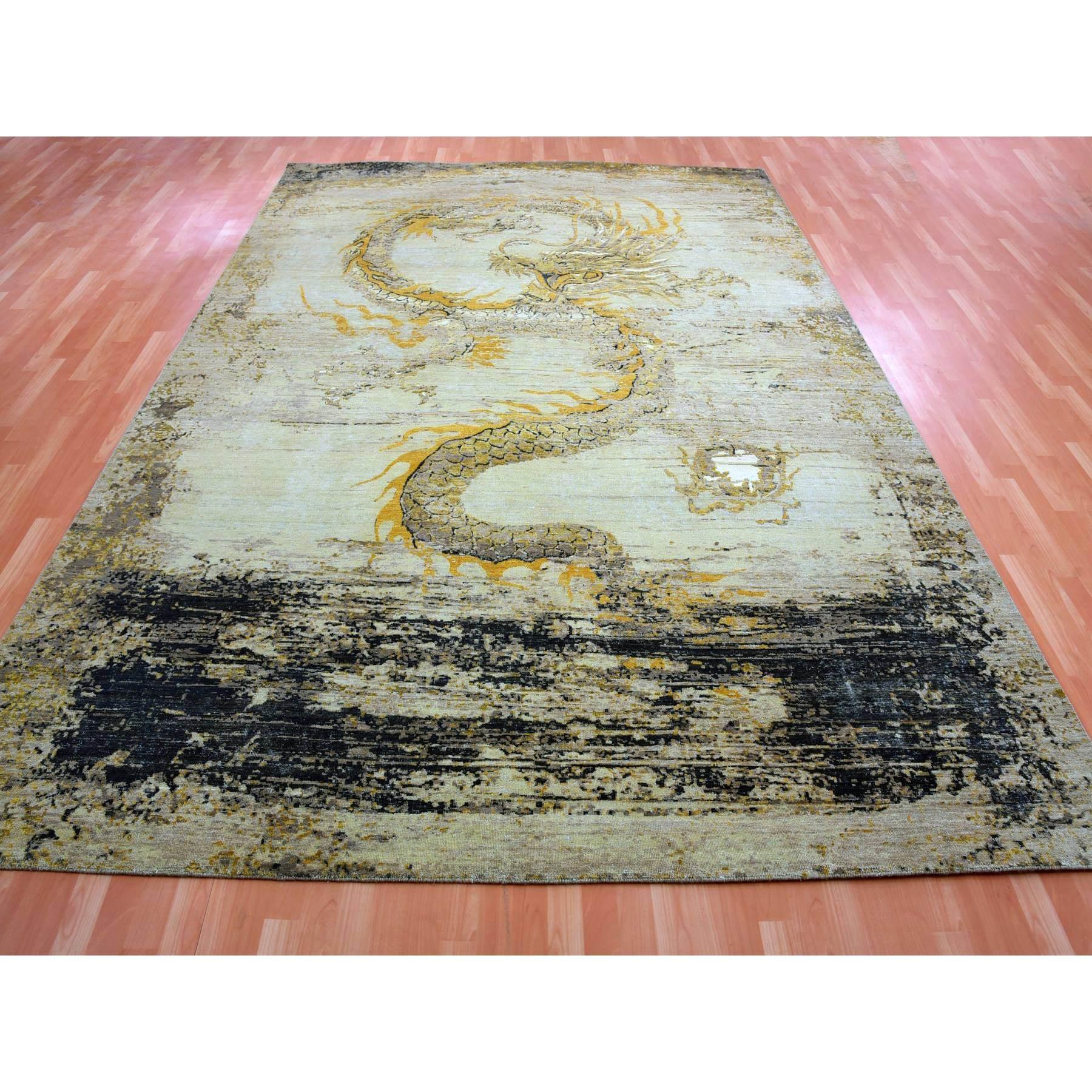 Medieval Beige Antique Chinese Inspired Dragon Design Pure Wool Hand Knotted Rug 9'x12'1