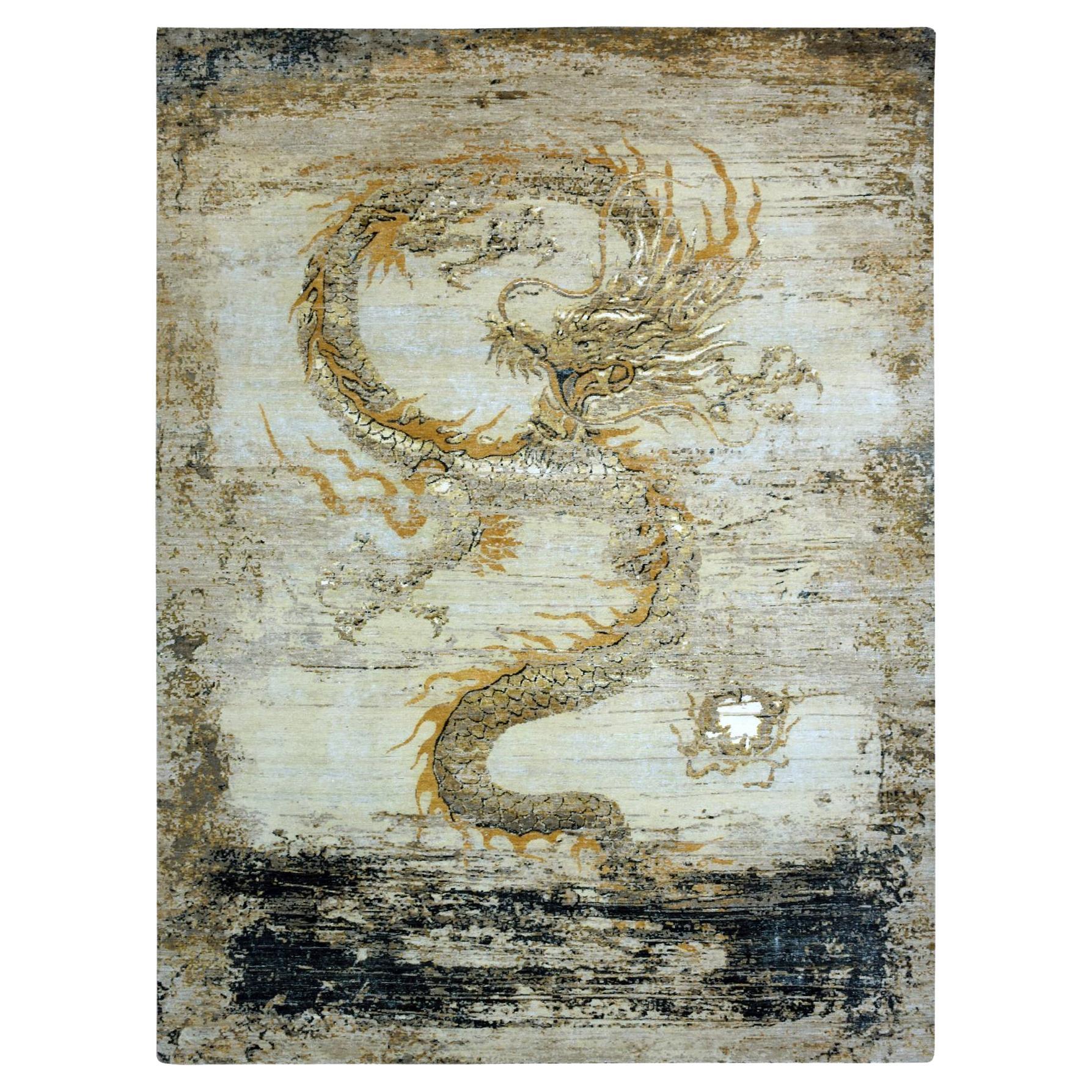 Antiker, chinesisch inspirierter, handgeknüpfter Teppich aus reiner Wolle in Beige mit Drachendesign 9'x12'1"
