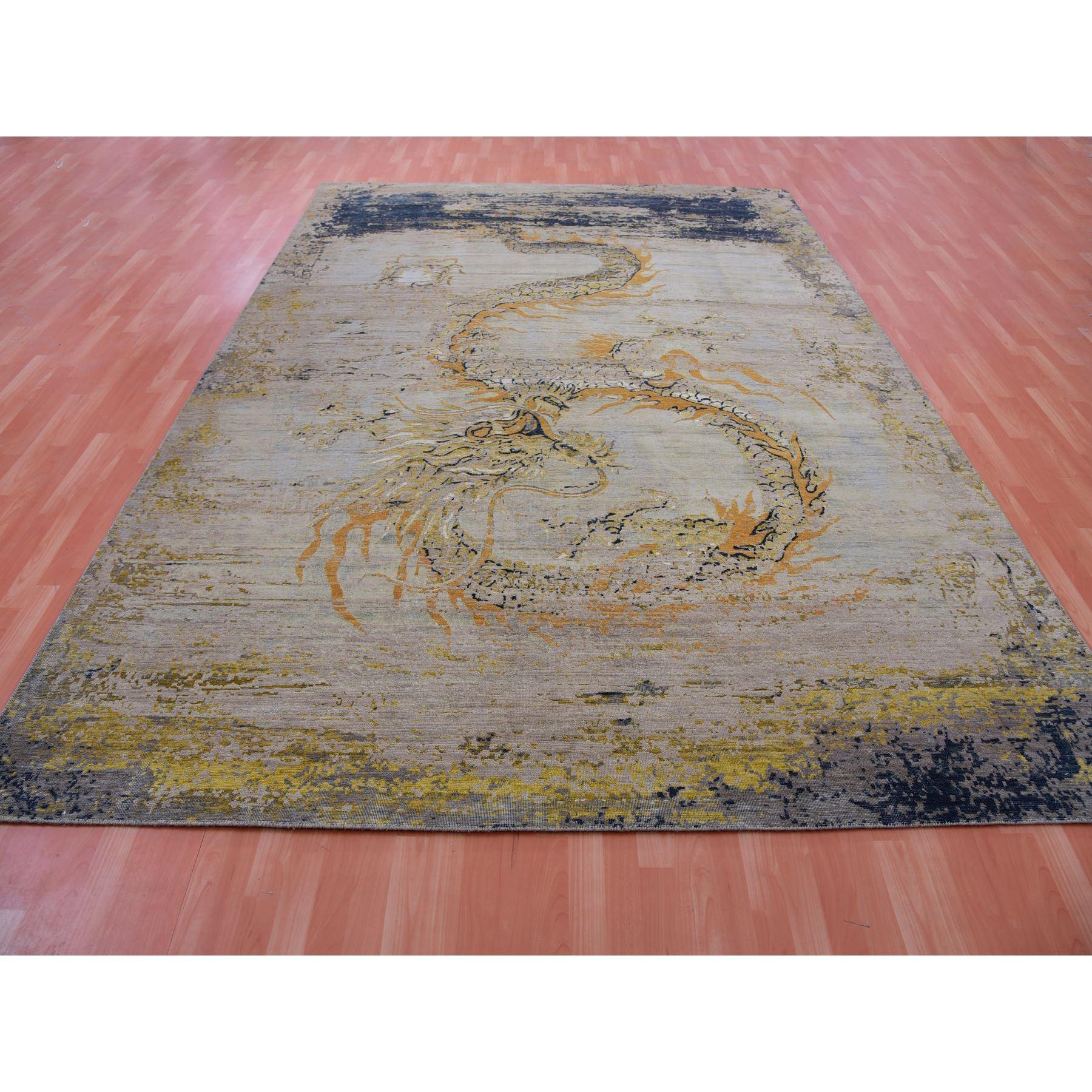 Medieval Beige Antique Chinese Inspired Dragon Design Wool Hand Knotted Rug 9'x12'2