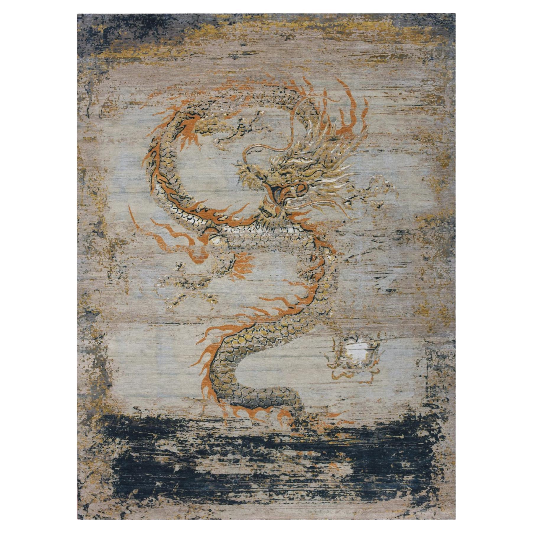 Antiker chinesisch inspirierter handgeknüpfter Wollteppich in Beige mit Drachenmuster 9'x12'2"