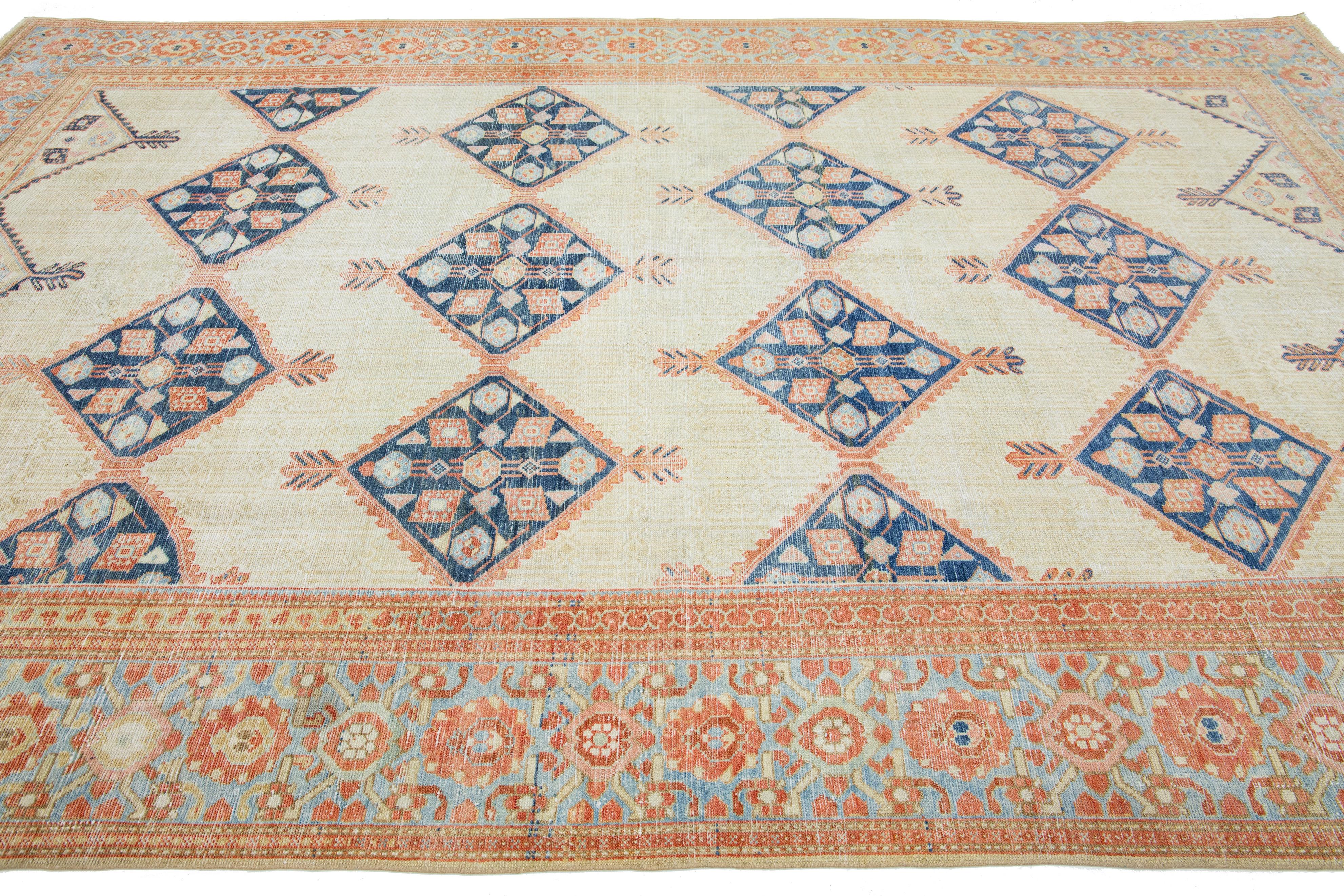 Hand-Knotted Beige Antique Hamadan Persian Wool Rug with Tribal Design For Sale