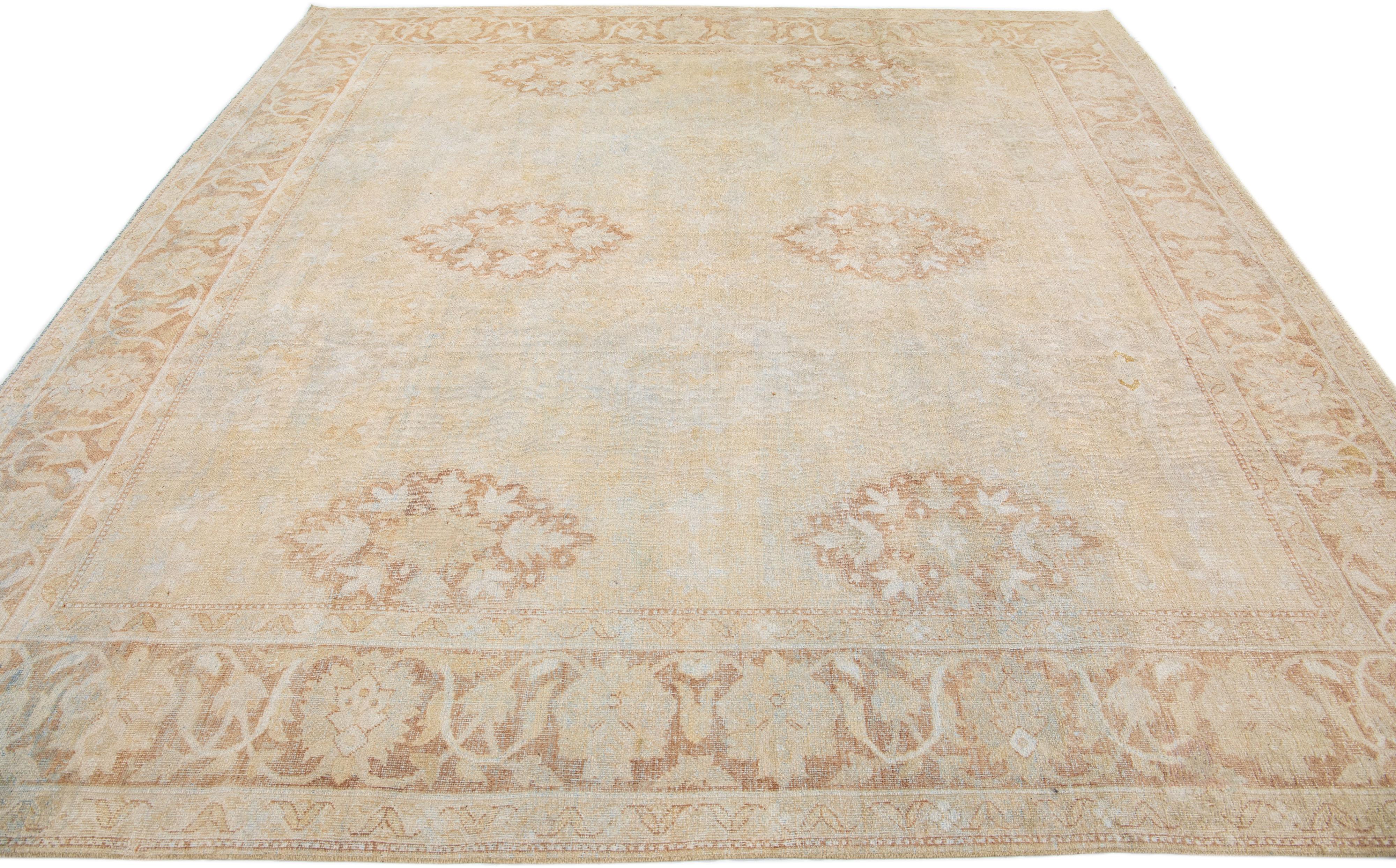 Anglo-Indian Beige Antique Indian Agra Handmade Square Wool Rug with Allover Motif For Sale