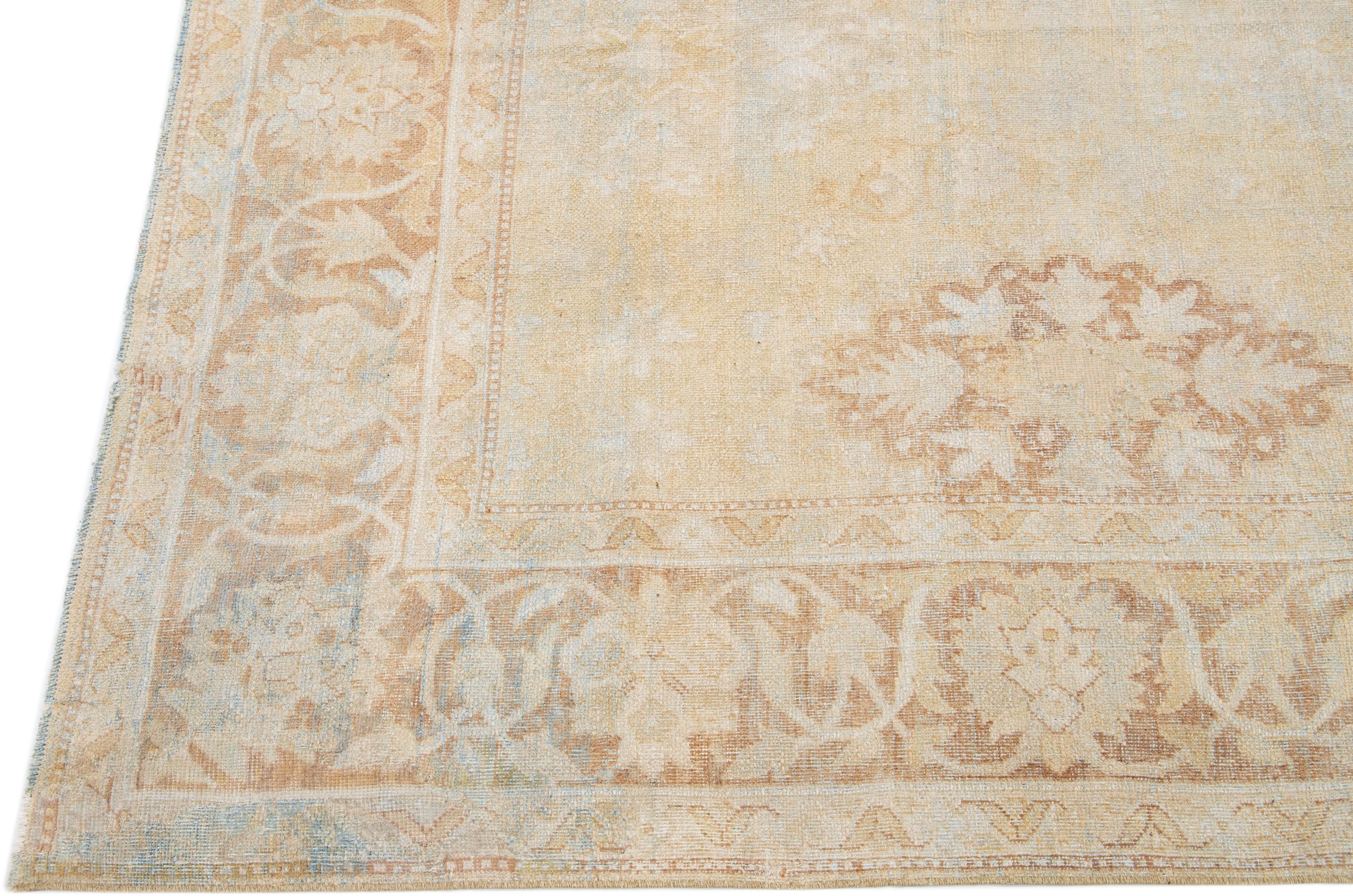 Hand-Knotted Beige Antique Indian Agra Handmade Square Wool Rug with Allover Motif For Sale
