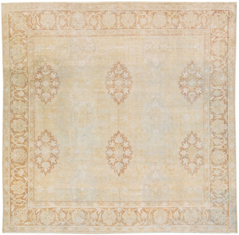 Beige Antique Indian Agra Handmade Square Wool Rug with Allover Motif ...