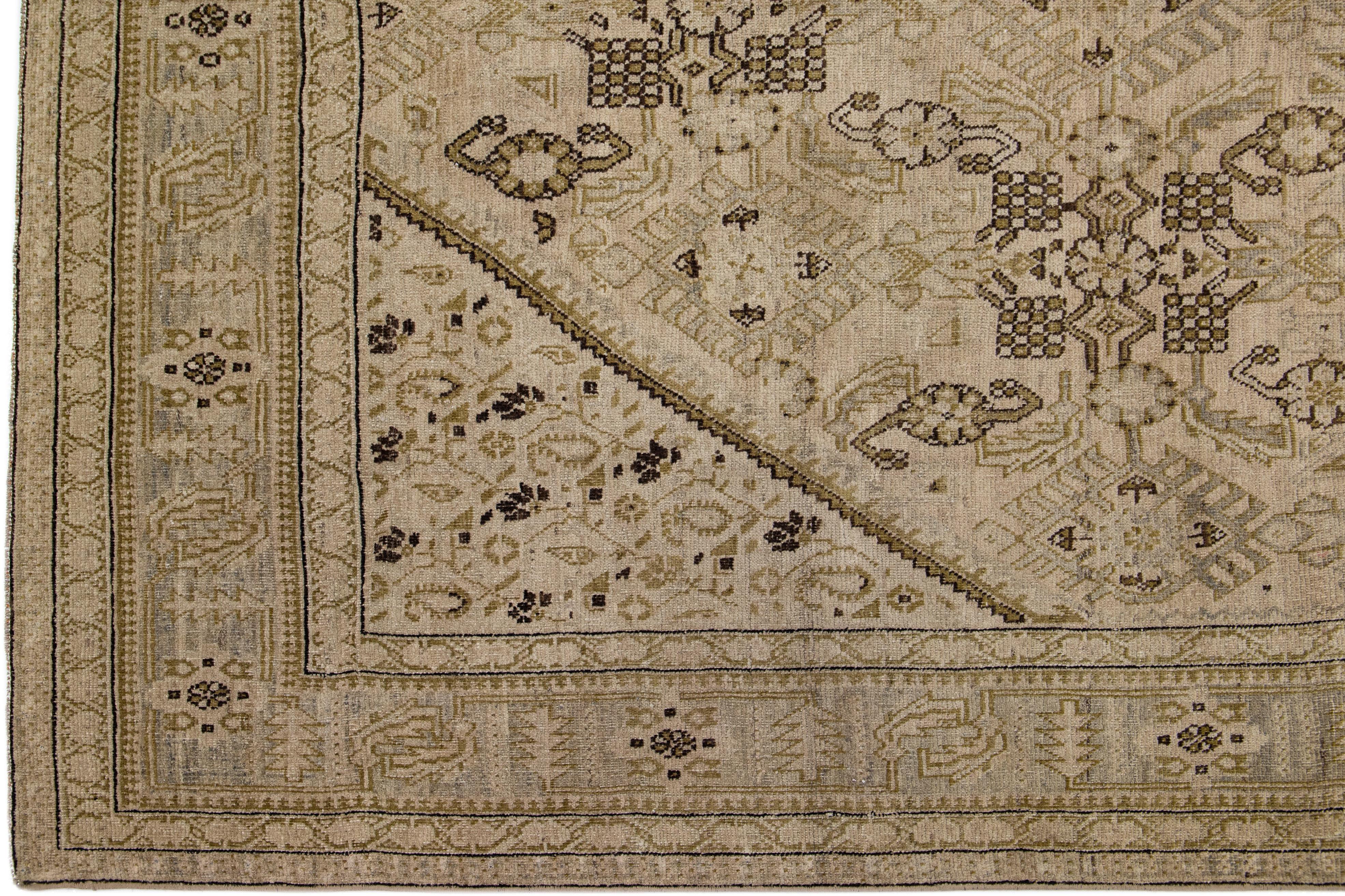 Azerbaijani Beige Antique Karabaugh Gallery Wool Rug with Floral Design For Sale