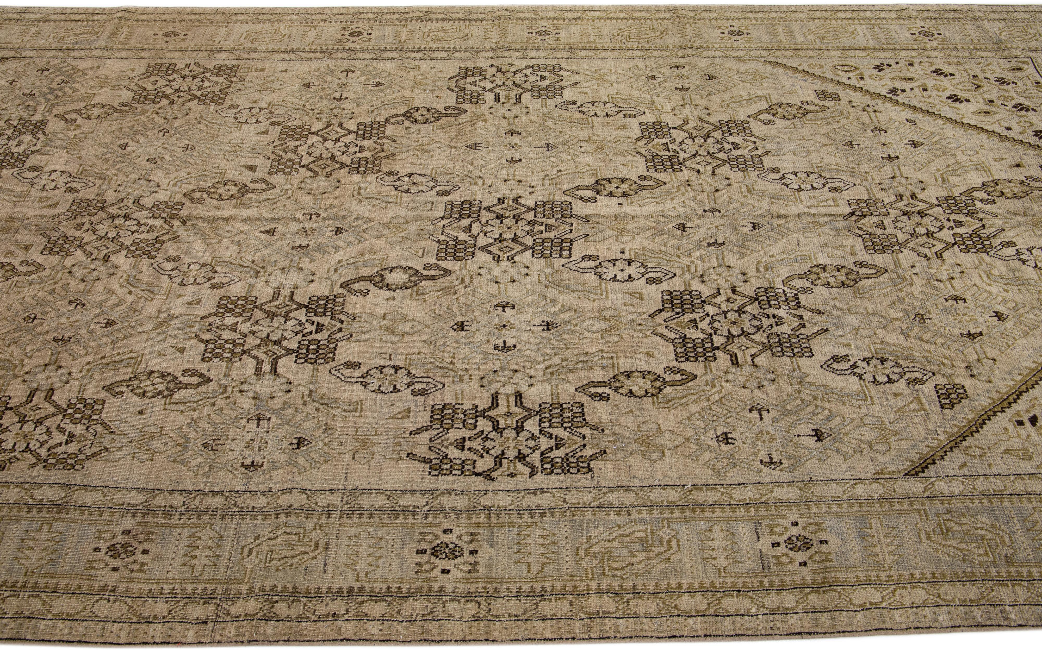 Hand-Knotted Beige Antique Karabaugh Gallery Wool Rug with Floral Design For Sale