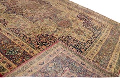 Beige Antique Kerman Handmade Rosette Motif Persian Wool Rug