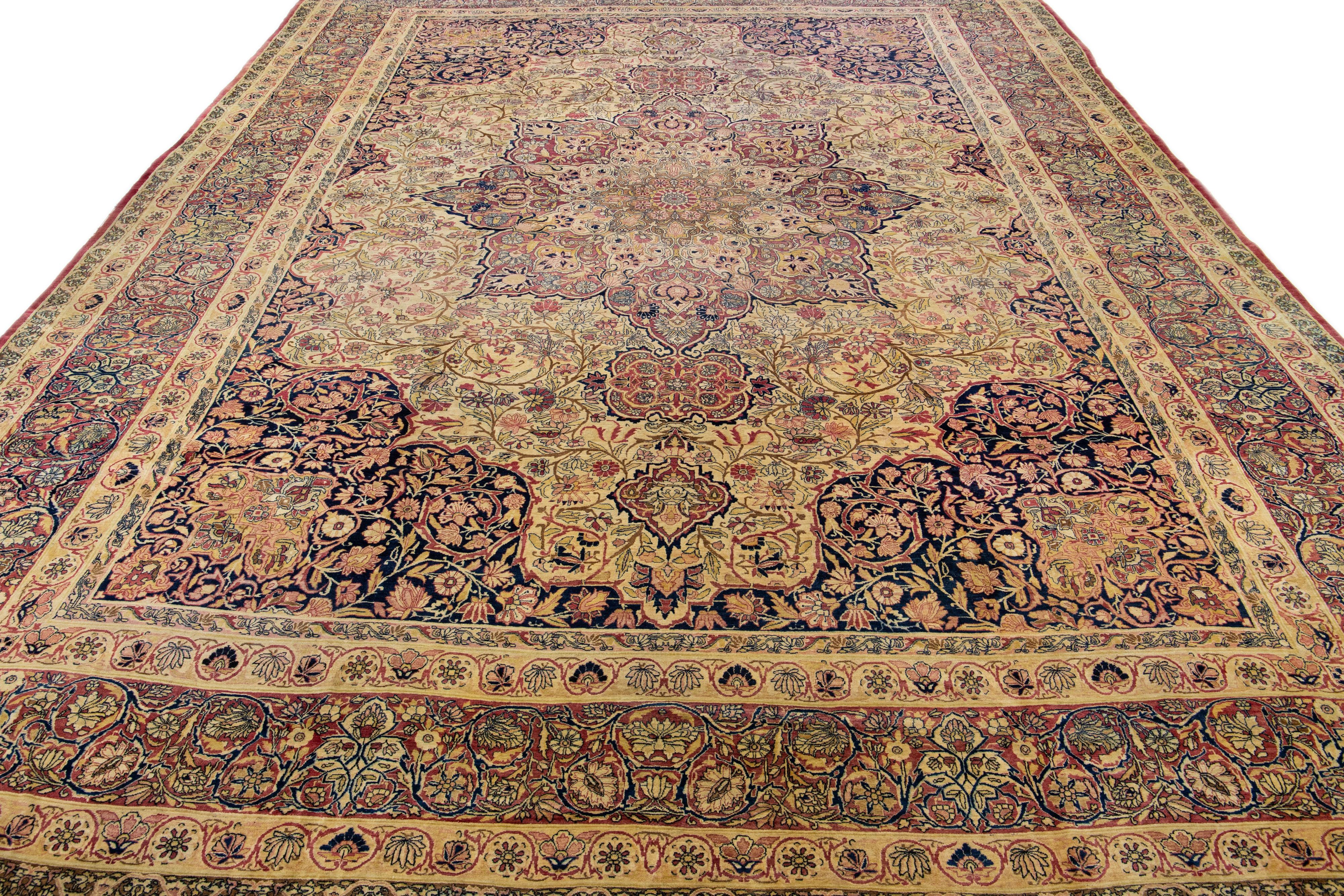 Kirman Beige Antique Kerman Handmade Rosette Motif Persian Wool Rug For Sale