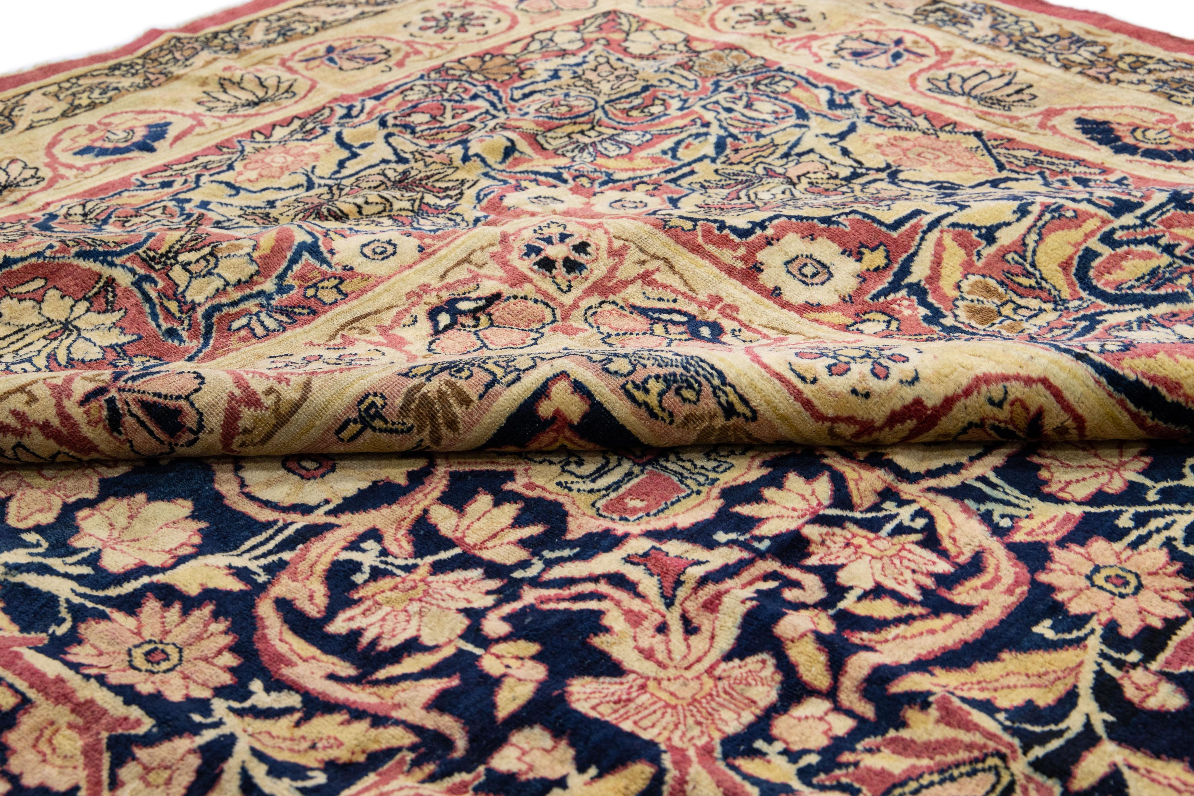 Beige Antique Kerman Handmade Rosette Motif Persian Wool Rug For Sale 1