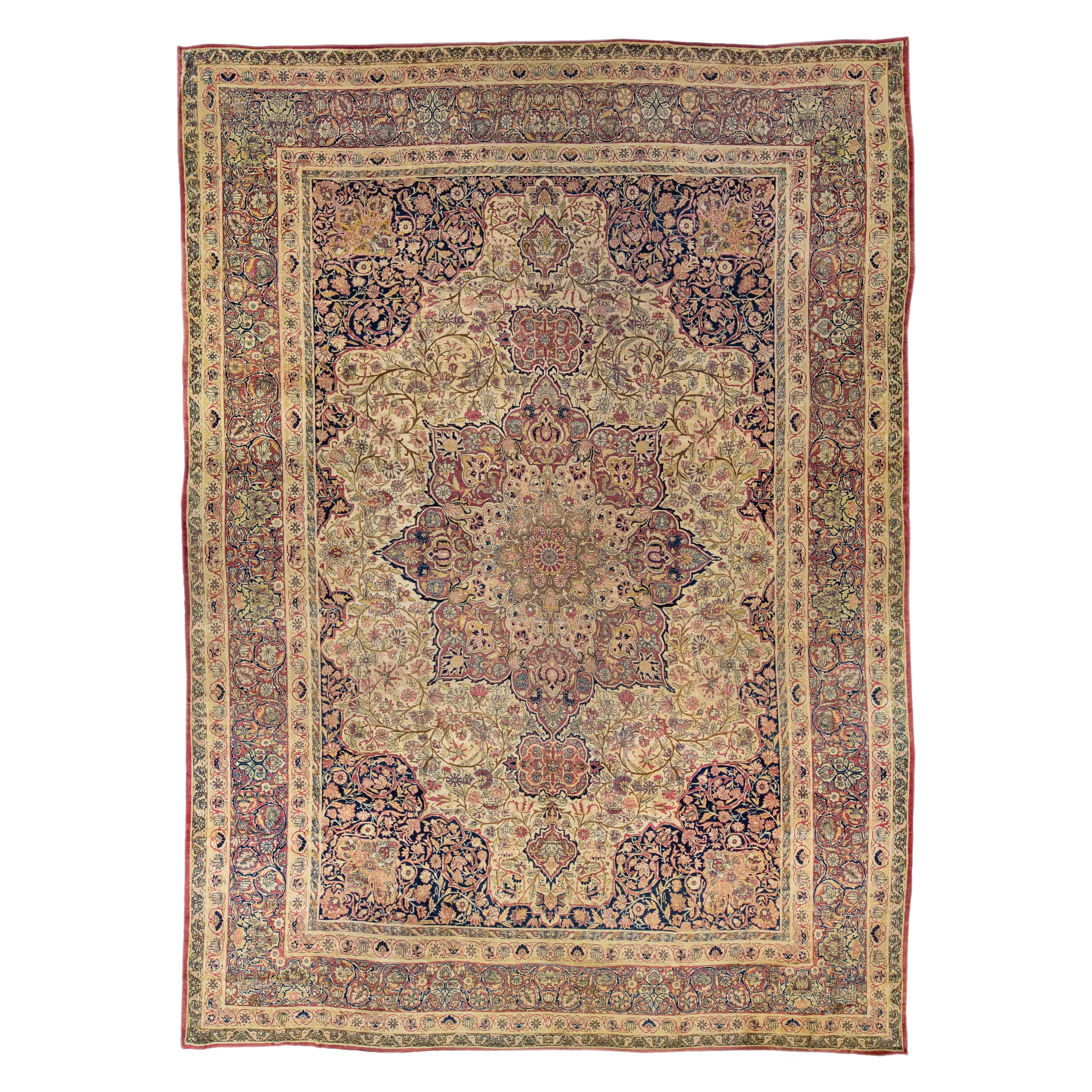 Tappeto in lana persiana beige antico Kerman fatto a mano con motivo a rosette