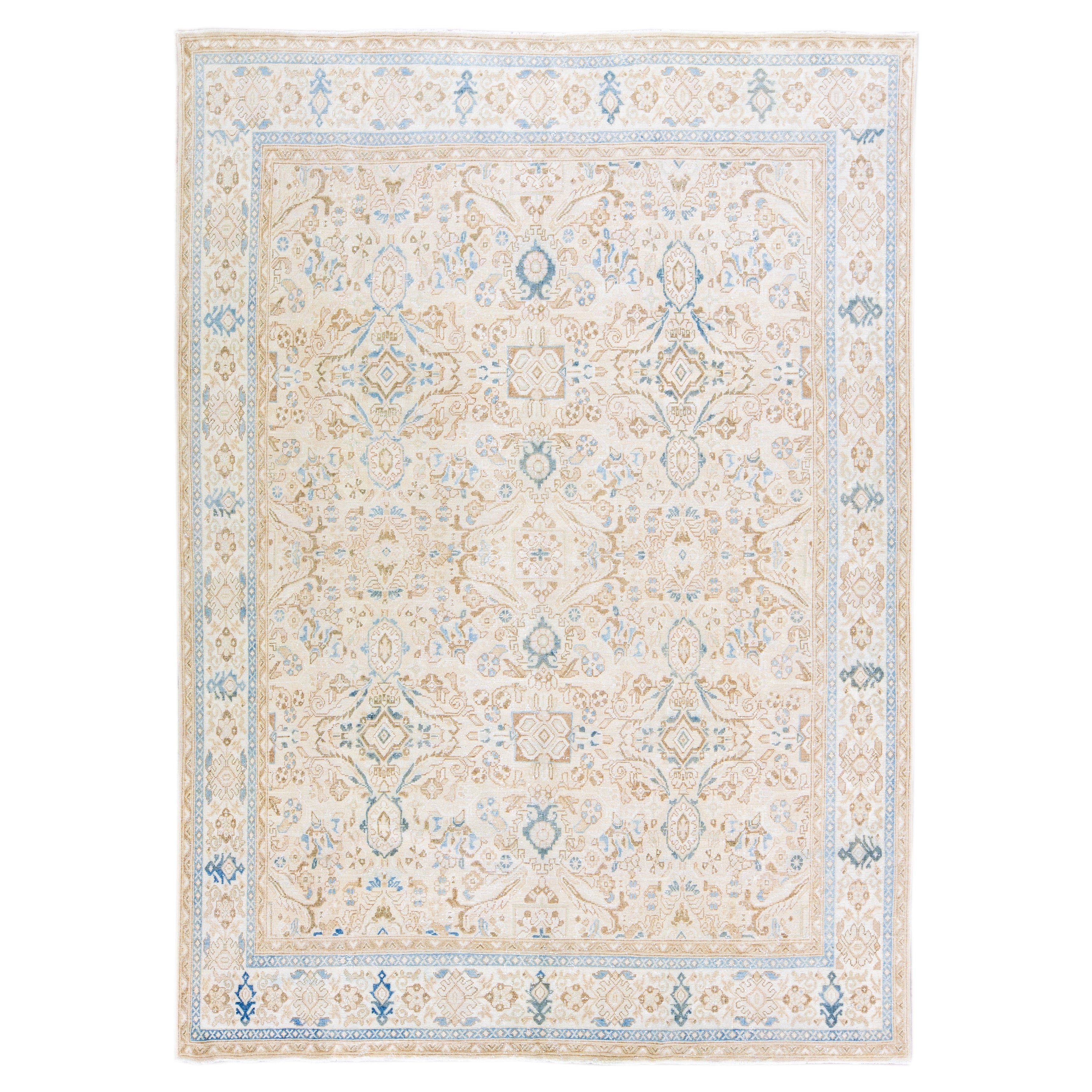 Antiker Mahal-Wollteppich mit Blumenmotiv in Beige, handgefertigt