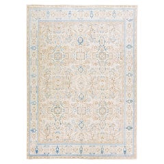 Antiker Mahal-Wollteppich mit Blumenmotiv in Beige, handgefertigt