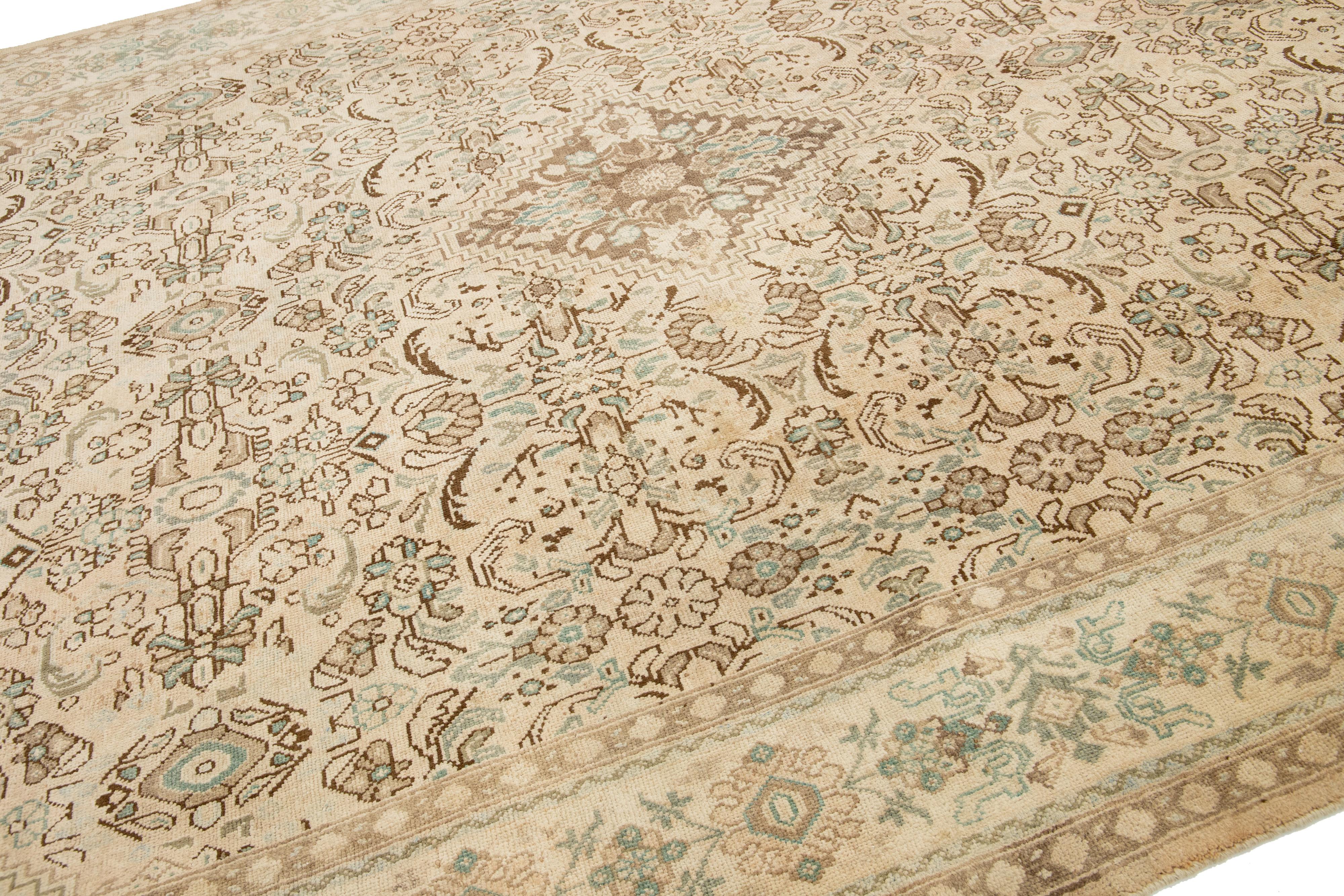 Persian Beige Antique Mahal Wool Rug In Room Size with Floral Design For Sale