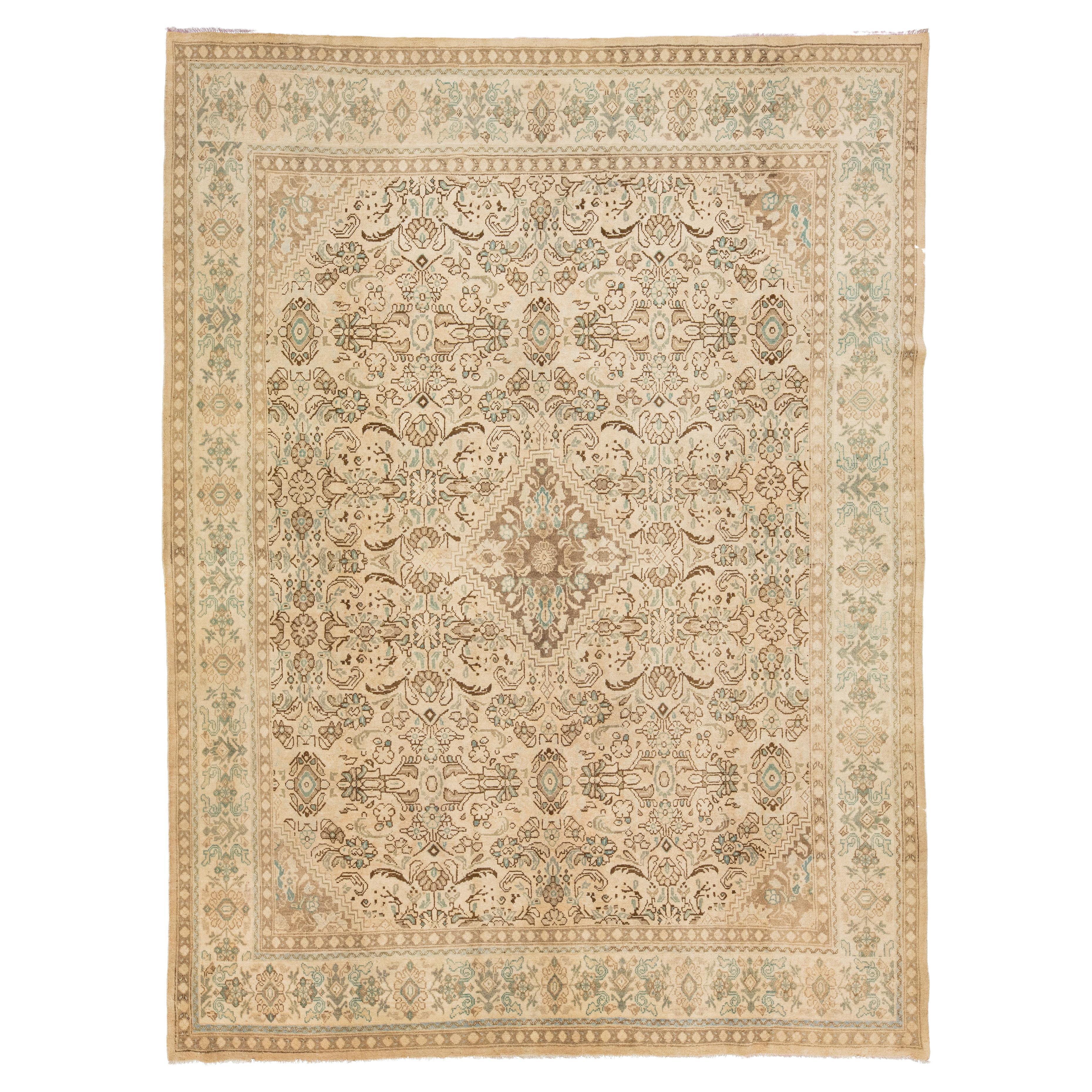 Beige Antique Mahal Wool Rug In Room Size with Floral Design For Sale