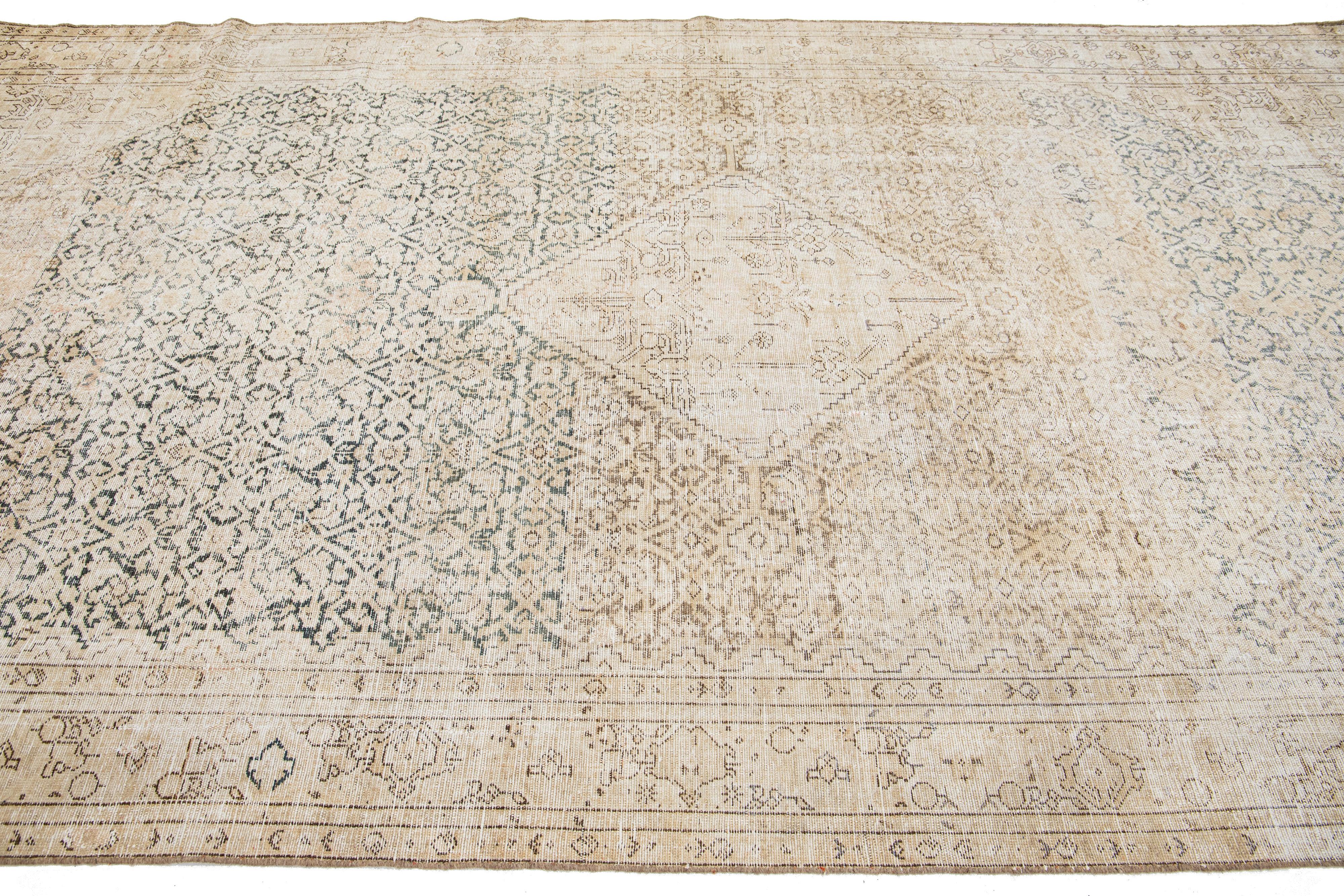  Beige Antique Malayer Persian Wool Rug With Center Design For Sale 1