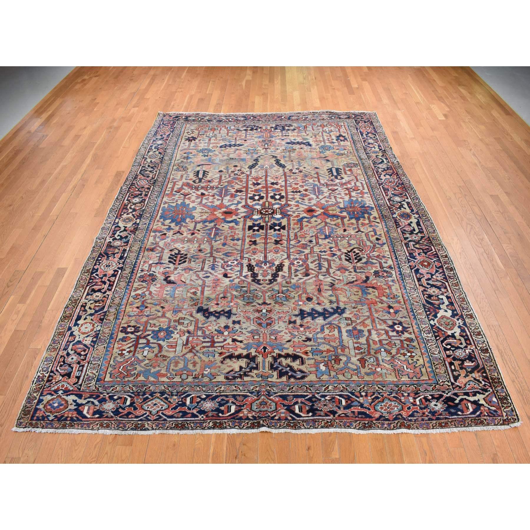 Medieval Beige Antique Persian Heriz All Over Design Pure Wool Hand Knotted Clean Rug For Sale
