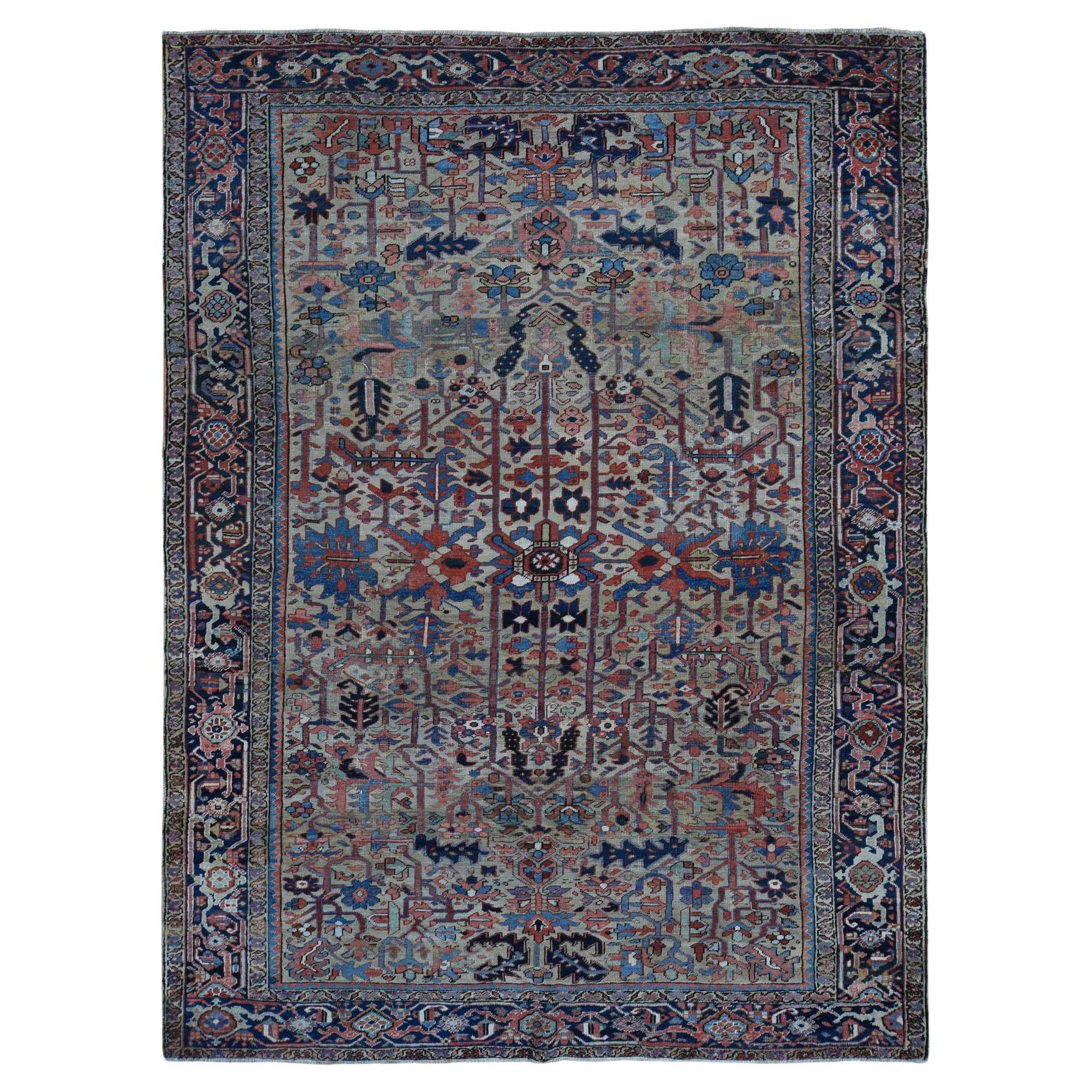 Beige Antique Persian Heriz All Over Design Pure Wool Hand Knotted Clean Rug For Sale